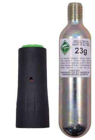 Crewsaver Ersatzpatronen-Set für Crewfit 150N Junior-Rettungswesten mit Seriennummern beginnend mit L (schwarze Kappe). Patrone 23g – Produktansicht
