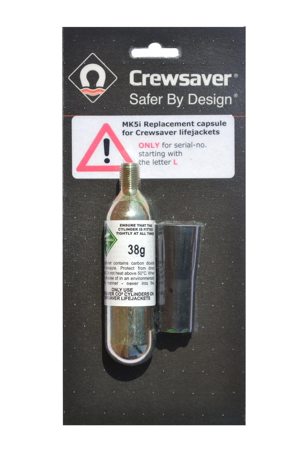Crewsaver Ersatzpatronen-Set für Crewsaver 180N und 190N Rettungswesten mit Seriennummern beginnend mit L (schwarze Kappe). Patrone 38g – Produktansicht