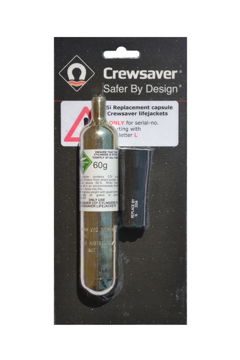 Crewsaver Ersatzpatronen-Set für Crewsaver 290N Rettungswesten mit Seriennummern beginnend mit L (schwarze Kappe). Patrone 60g – Produktansicht