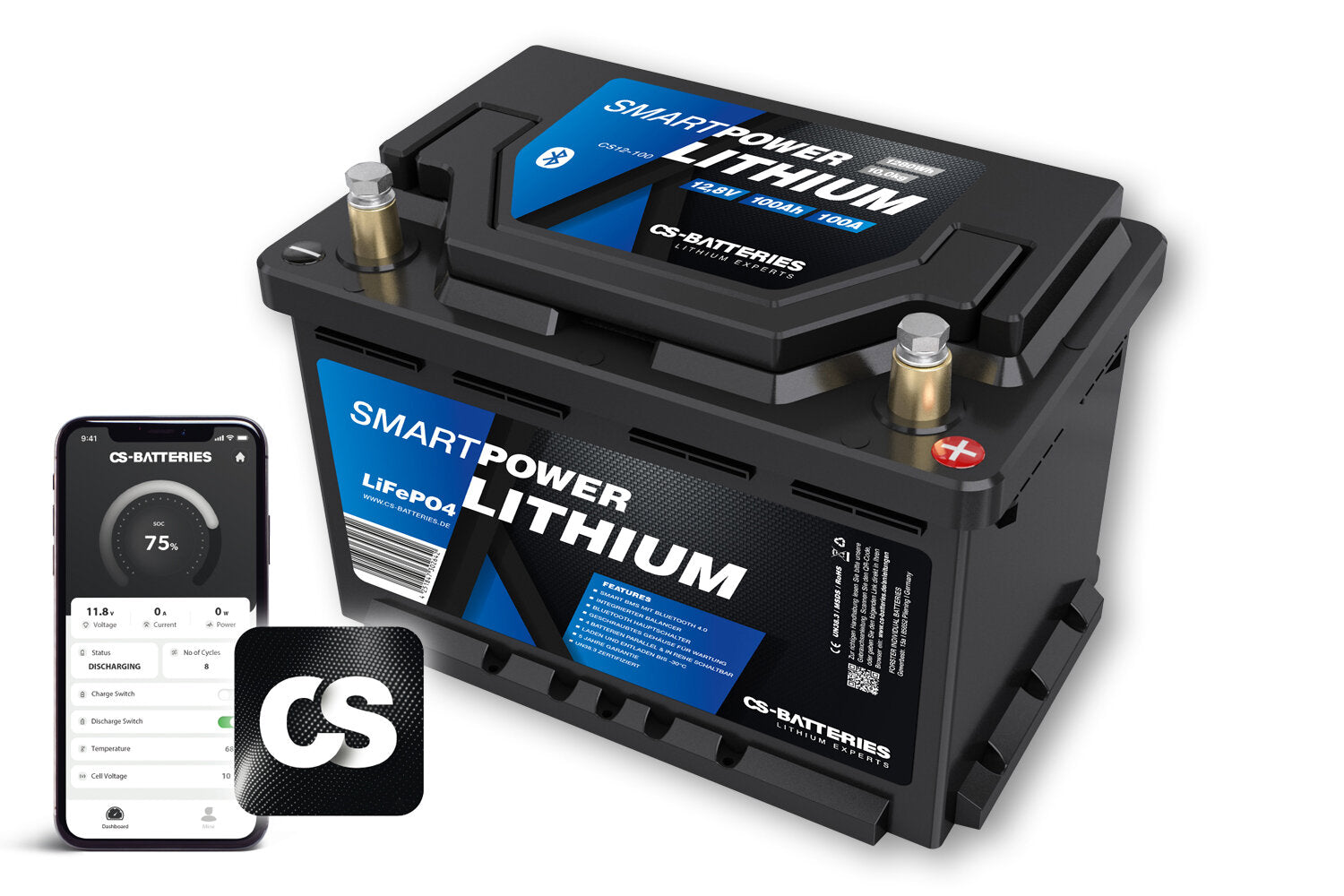 SMART POWER Lithium 100Ah | 12.8V | 1280Wh | LiFePO4 battery with Bluetooth 5.0 | integrated 100A-200A BMS