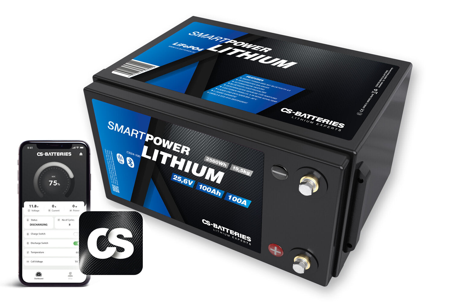 SMART POWER Lithium 100Ah | 25.6V | 2560Wh | LiFePO4 battery with Bluetooth 5.0 | integrated 100A-200ABMS | heating