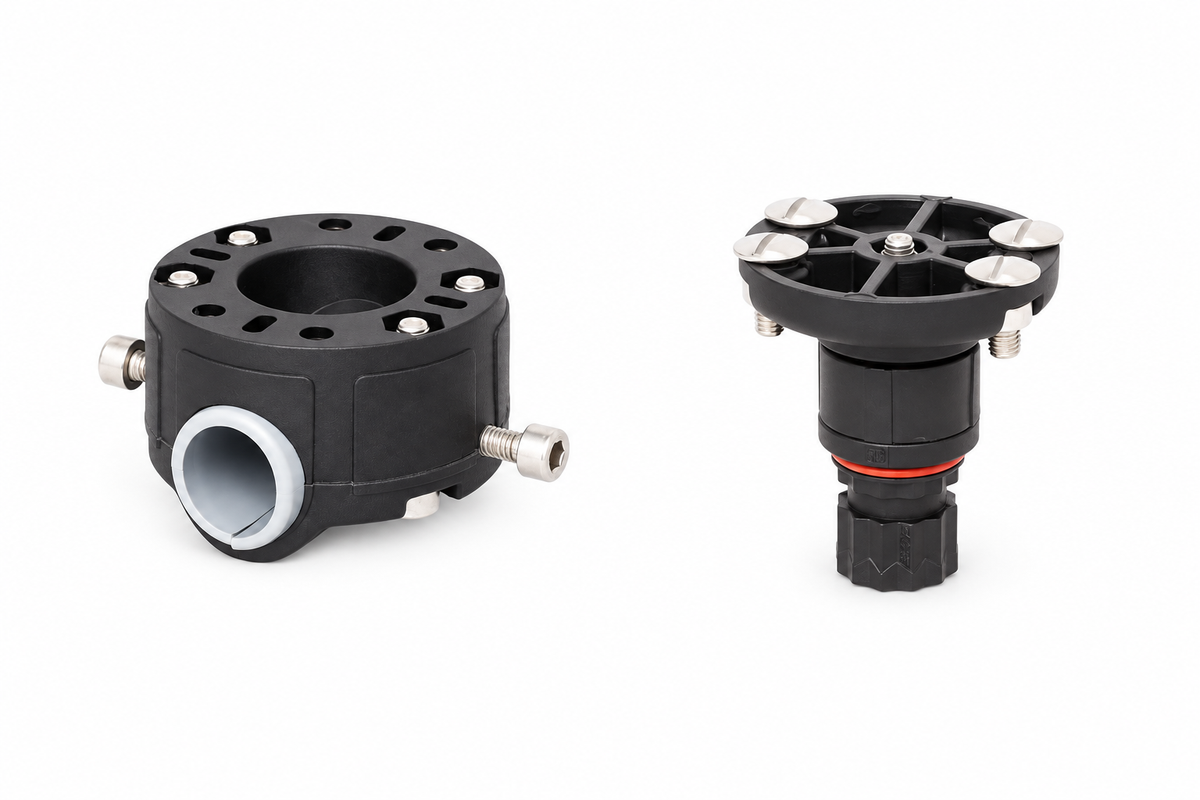 Set: Fasten (Rohr Basis)(Ø22/25mm) Rohrhalter + Stern für Belly Transportachse – Schwarz, weißer Hintergrund