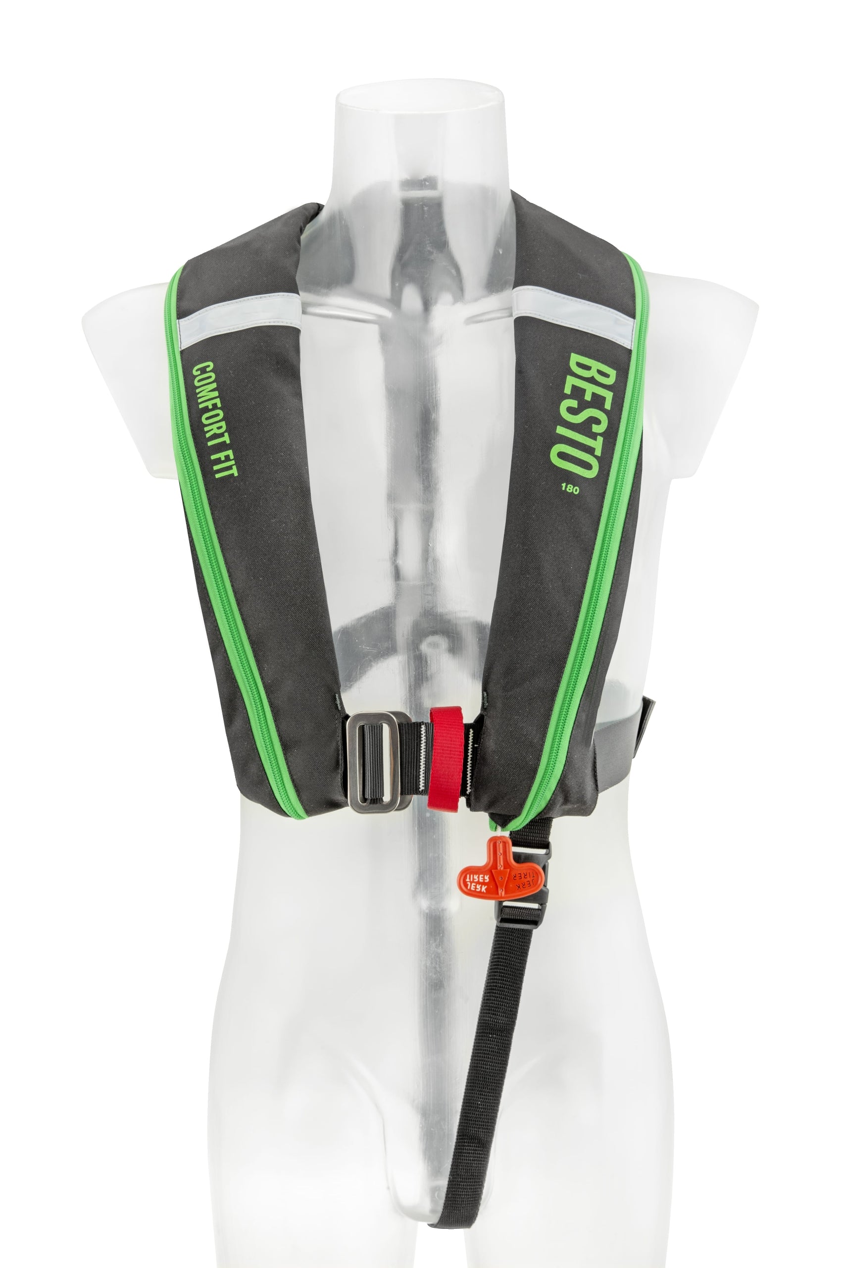 Besto Comfort Fit 180N automatische Rettungsweste mit Harness, Schwarz/Grün – Produktansicht