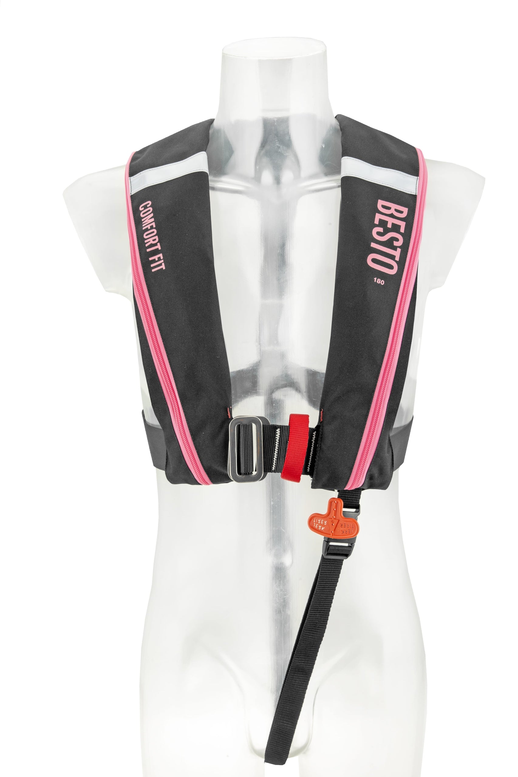 Besto Comfort Fit 180N automatische Rettungsweste mit Harness, Schwarz/Rosa – Produktansicht