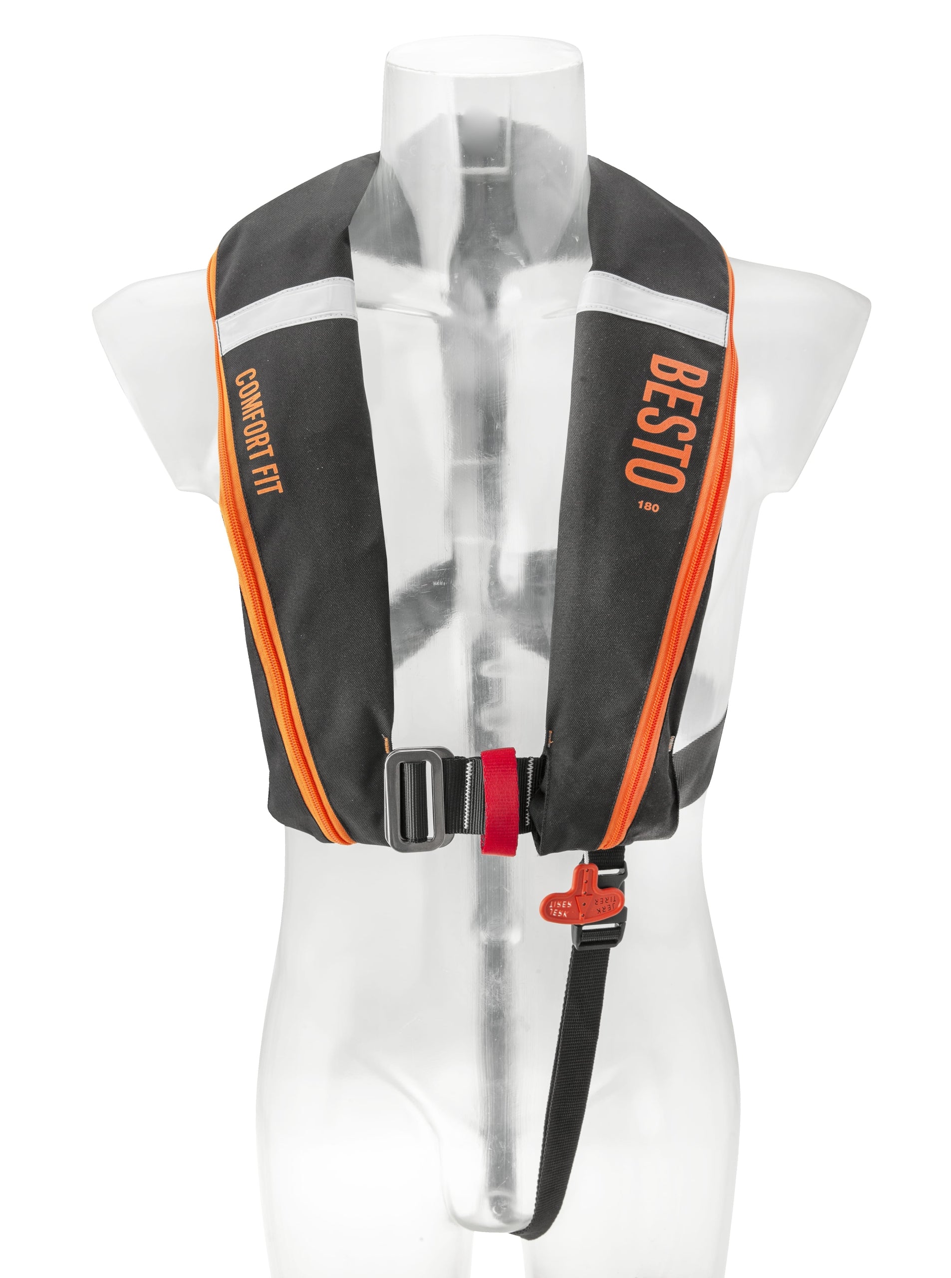 Besto Comfort Fit 180N automatische Rettungsweste mit Harness, Schwarz/Orange – Produktansicht