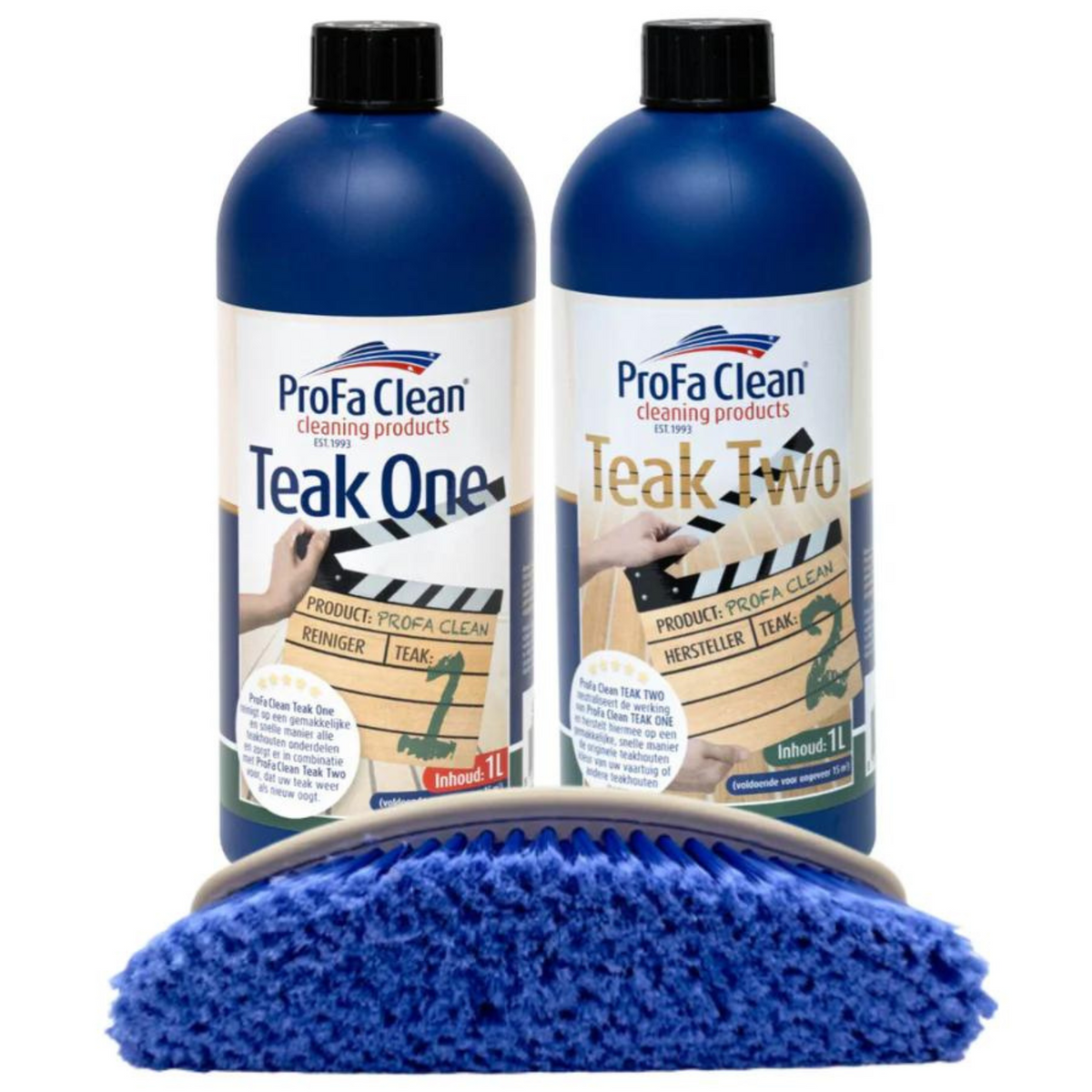 ProFa Clean Teak-Pflegeset 2 × 1 L mit Besenbürste – Produktansicht 1