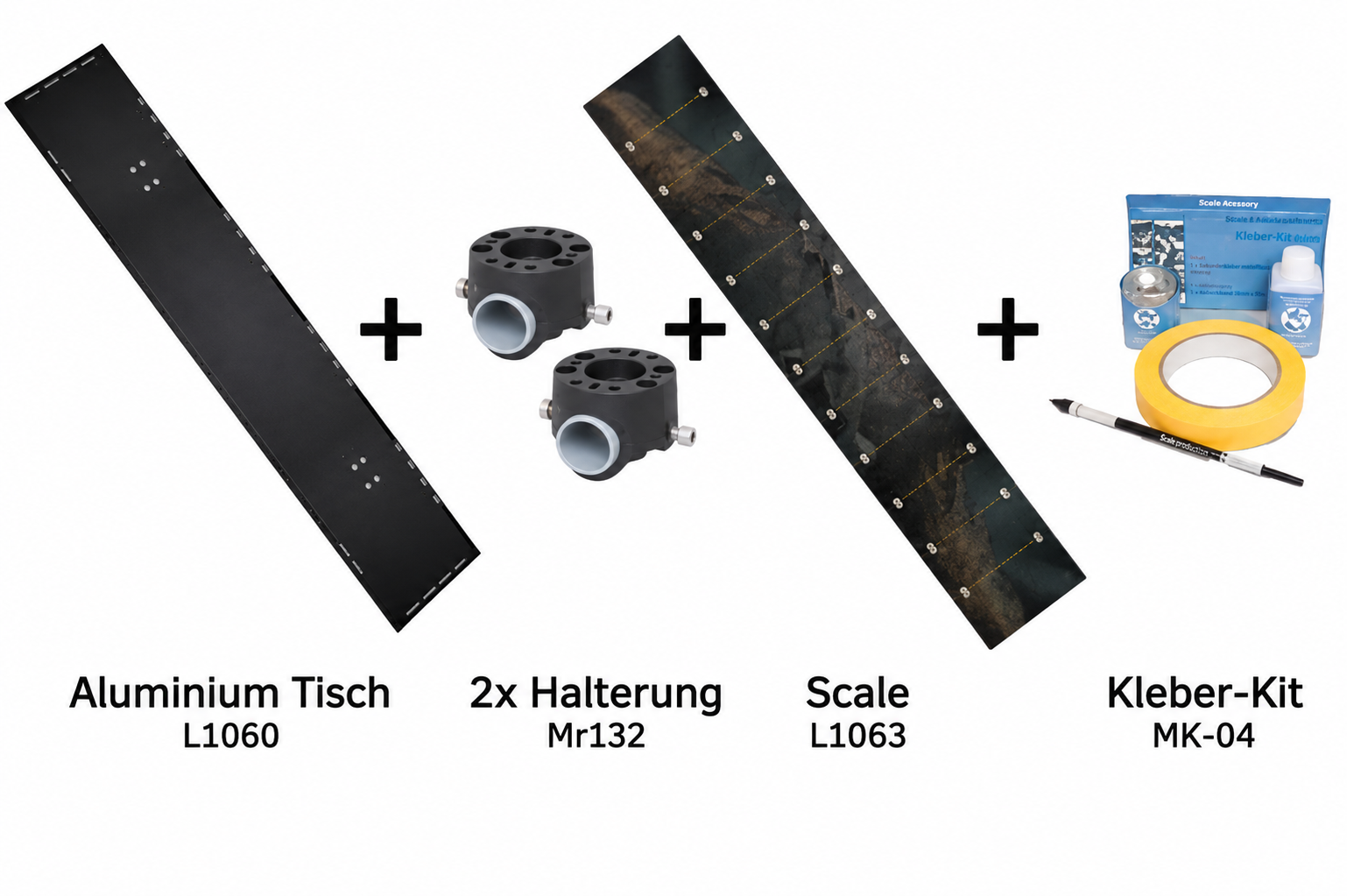 Set: Fronttisch (1200x200mm) + 2x Rohrhalter (Ø30/32mm) + PVC Maßband + Kleber