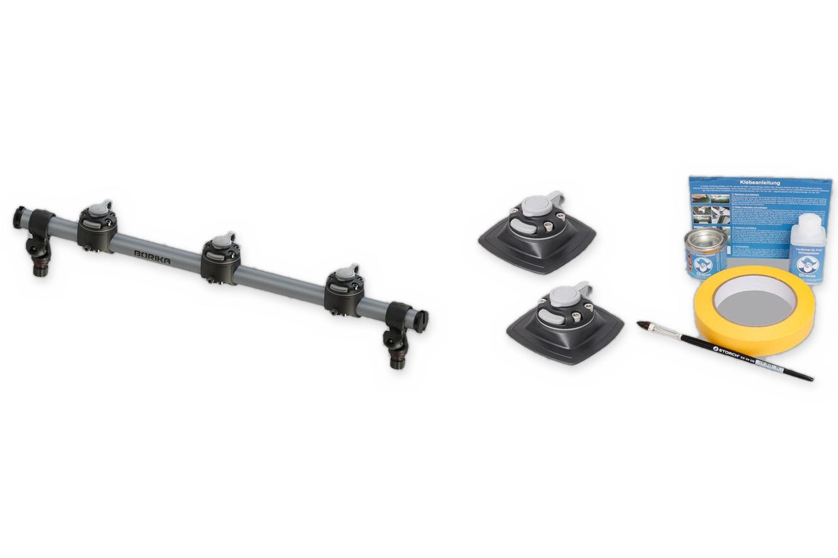 Set: Fasten Reling (700 mm) + 2 x PVC Basis (110×110 mm) + Kleber Kit