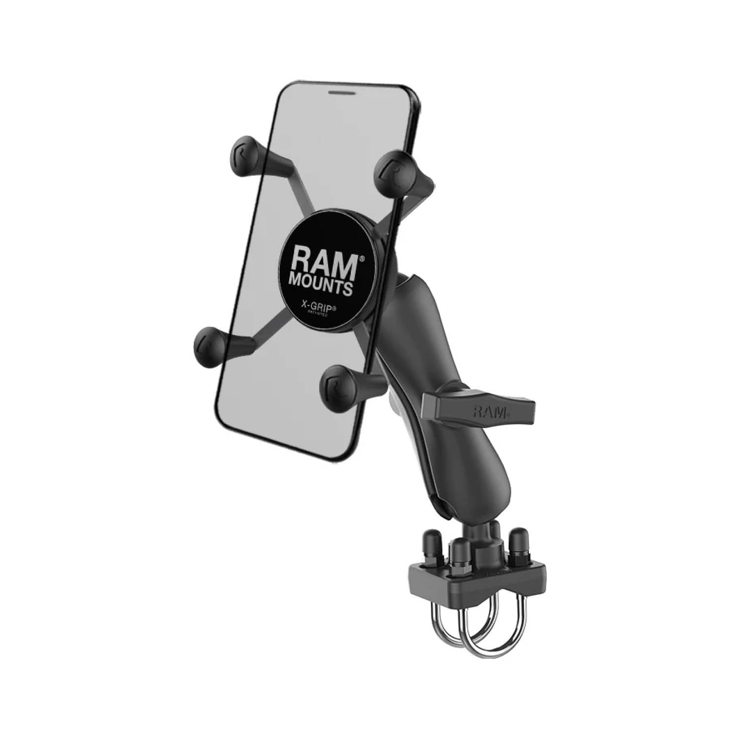 RAM Mounts X-Grip Aufbau-Halterung für Smartphones - Bis 82,55 mm Breite - Mittlerer Verbindungsarm - Doppel U-Bügel Basis (Durchmesser 25,4 mm bis 31,75 mm) - C-Kugel (1,5 Zoll) - Schrauben-Set – Produktansicht