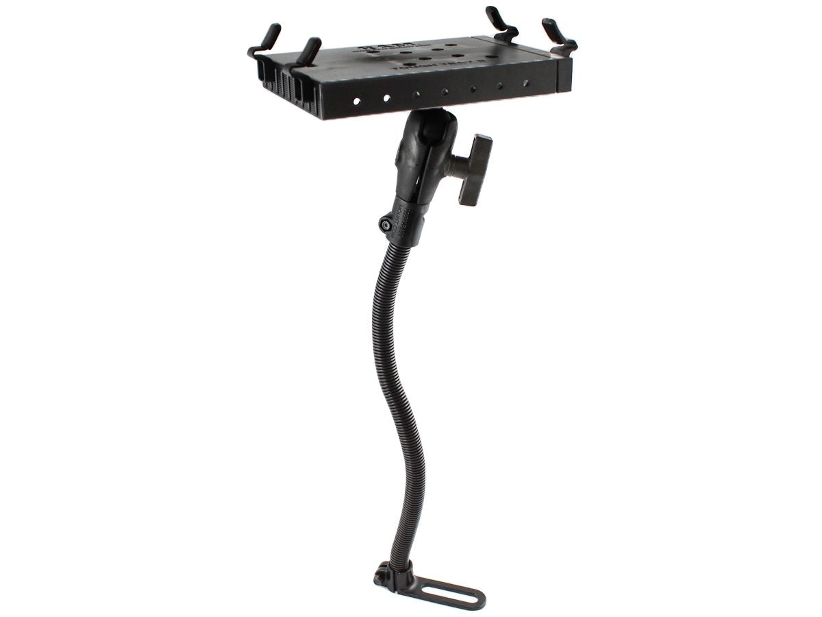 RAM Mounts Pod I Fahrzeug Sitzschienen-Befestigung für Laptops/Drucker - flexibler Stab (ca. 450 mm), runde Basisplatte (C-Kugel, 1,5 Zoll), Tough Tray II Halteschalte – Produktansicht