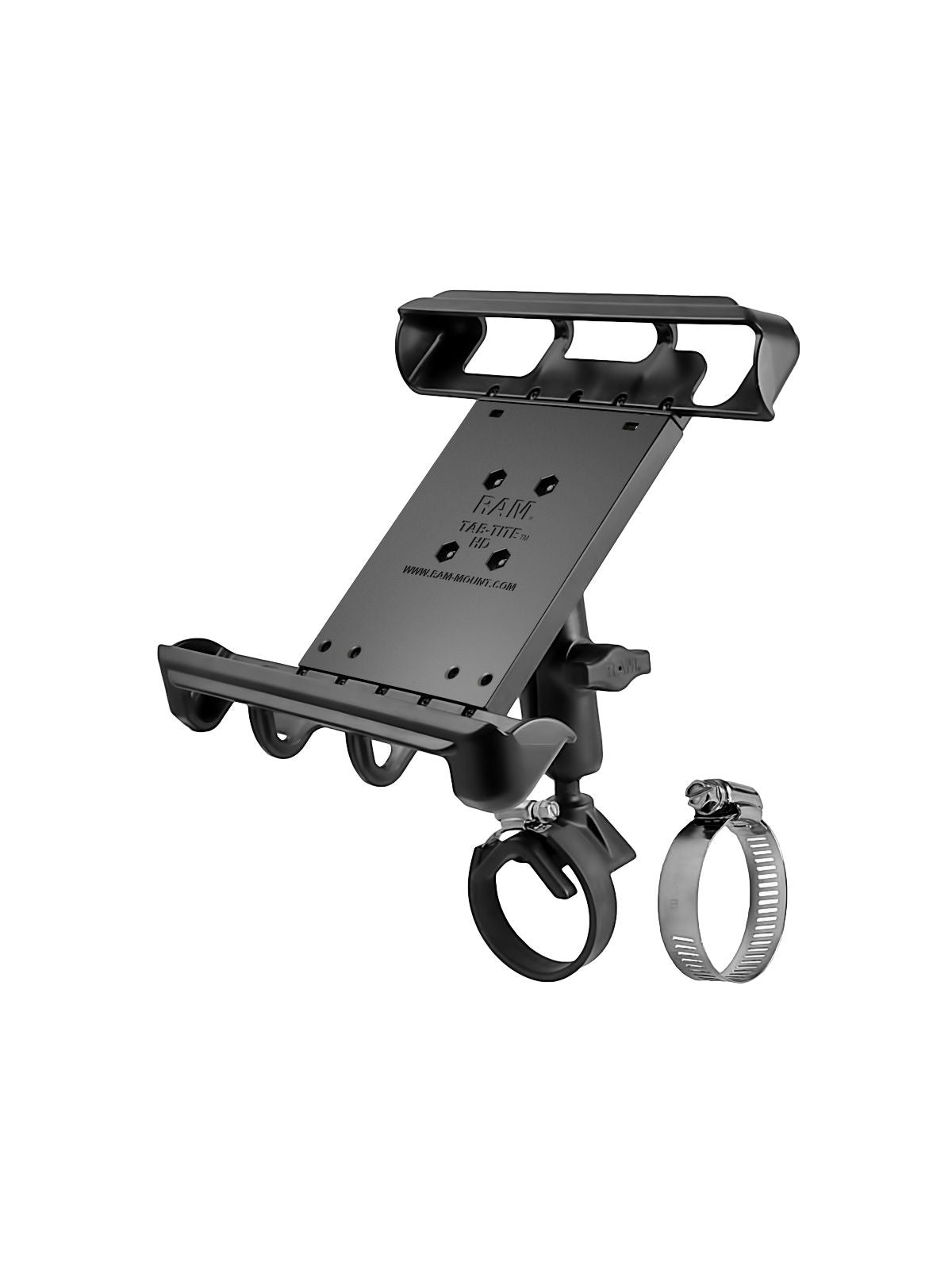 RAM Mounts Aufbau-Set mit Tab-Tite Halterung - B-Kugel (1 Zoll) - Rohrschelle (Klemmbereich 25,4 - 53,34 mm) - Mittlerer Verbindungsarm (ca. 94,74 mm) - Runde Basisplatte (AMPS) – Produktansicht