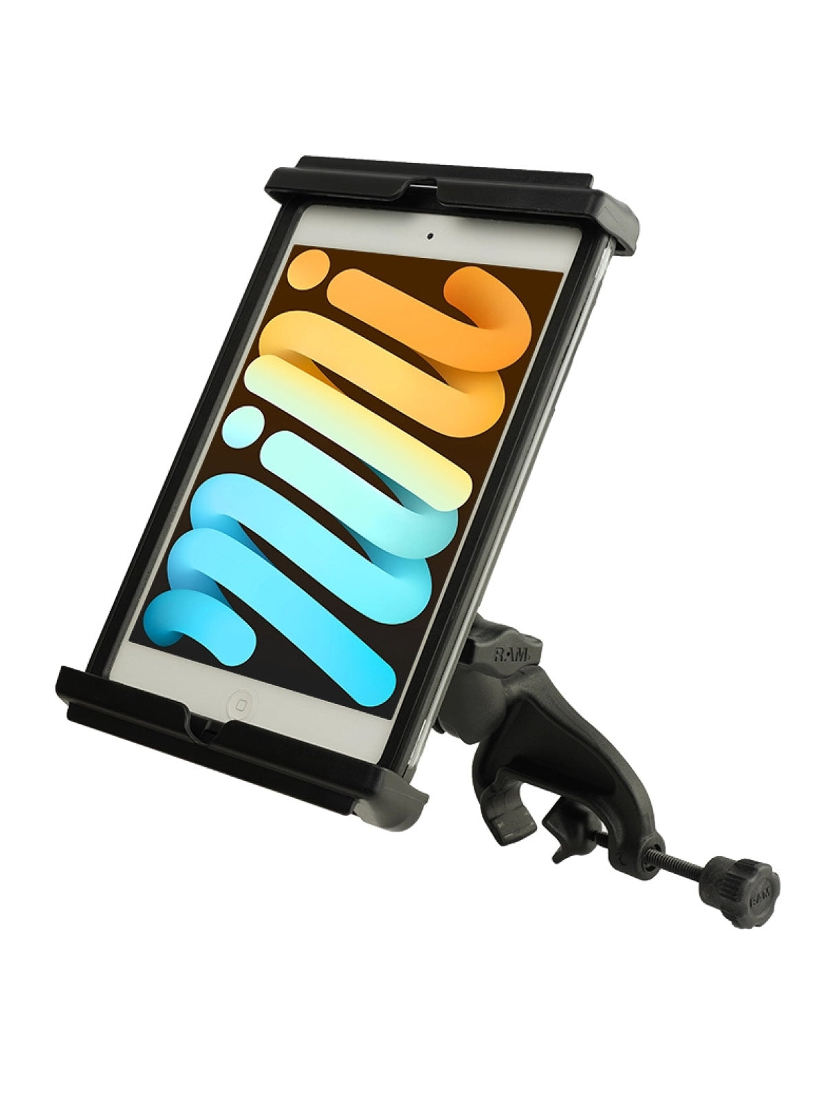 RAM Mounts Luftfahrt-Set mit Tab-Tite Halterung für iPad mini (A17 Pro) & mini 6 in Schutzhülle - B-Kugel (1 Zoll) - Steuerhorn-Klammer (15,87 - 31,75 mm Klemmbereich) - Mittlerer Verbindungsarm (ca. 94,74 mm) – Produktansicht