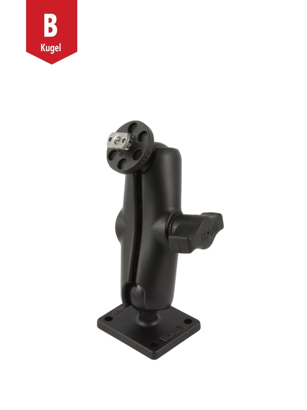 RAM Mounts Aufbau-Set - B-Kugel (1 Zoll) - 1x Track Ball (mit T-Slot) - Mittlerer Verbindungsarm (ca. 94,74 mm) - 1x Rechteckige Basisplatte (AMPS) – Produktansicht