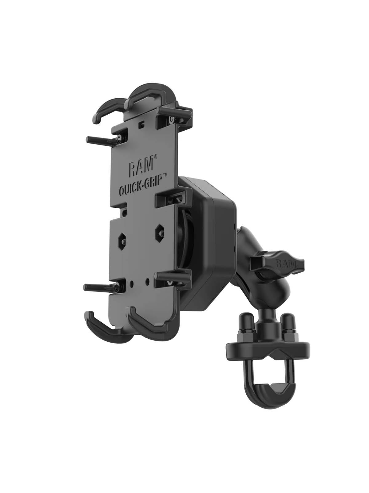 RAM Mounts Quick-Grip XL Lenker-/Rohr-Halterung für Smartphones mit Vibe-Safe Adapter - B-Kugel (1 Zoll), Rohr-Klemme, kurzer Verbindungsarm – Produktansicht