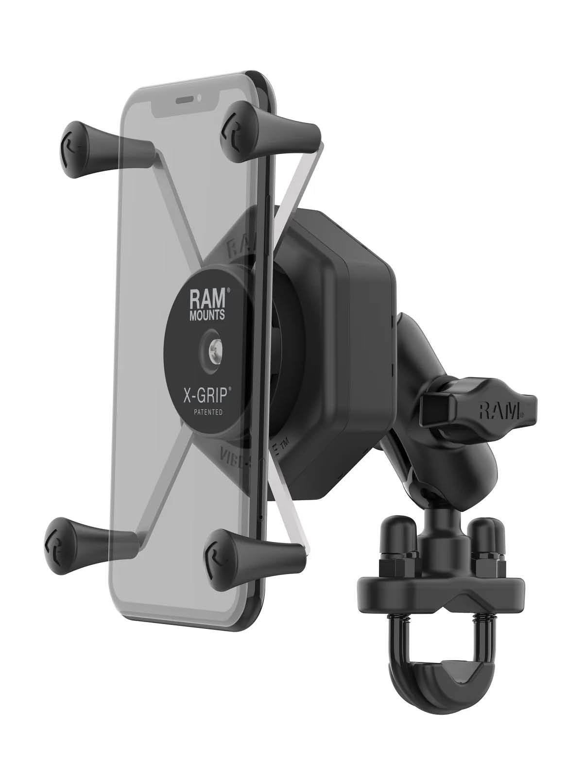 RAM Mounts X-Grip Lenker-/Rohr-Halterung für Smartphones bis 114,3 mm Breite mit Vibe-Safe Adapter - B-Kugel (1 Zoll), Rohr-Klemme, kurzer Verbindungsarm – Produktansicht