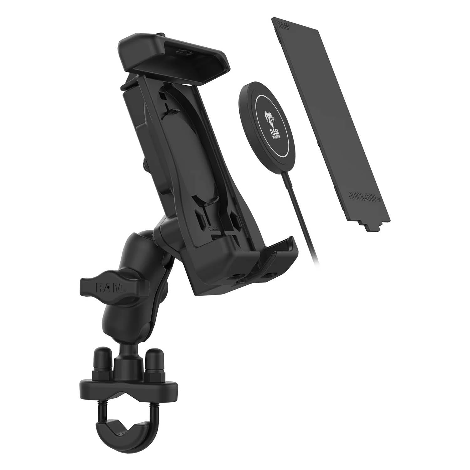 RAM Mounts Lenker- & Rundrohr Quick-Grip-Set für iPhone 12 Serie (Apple MagSafe Kompatibel) - B-Kugel (1 Zoll) - Diamond (Trapez) Basisplatte - Kurzer Verbindungsarm (ca. 61,46 mm) - U-Bügel Klemmbasis (Klemmbereich 12,7 - 31,8 mm) – Produktansicht