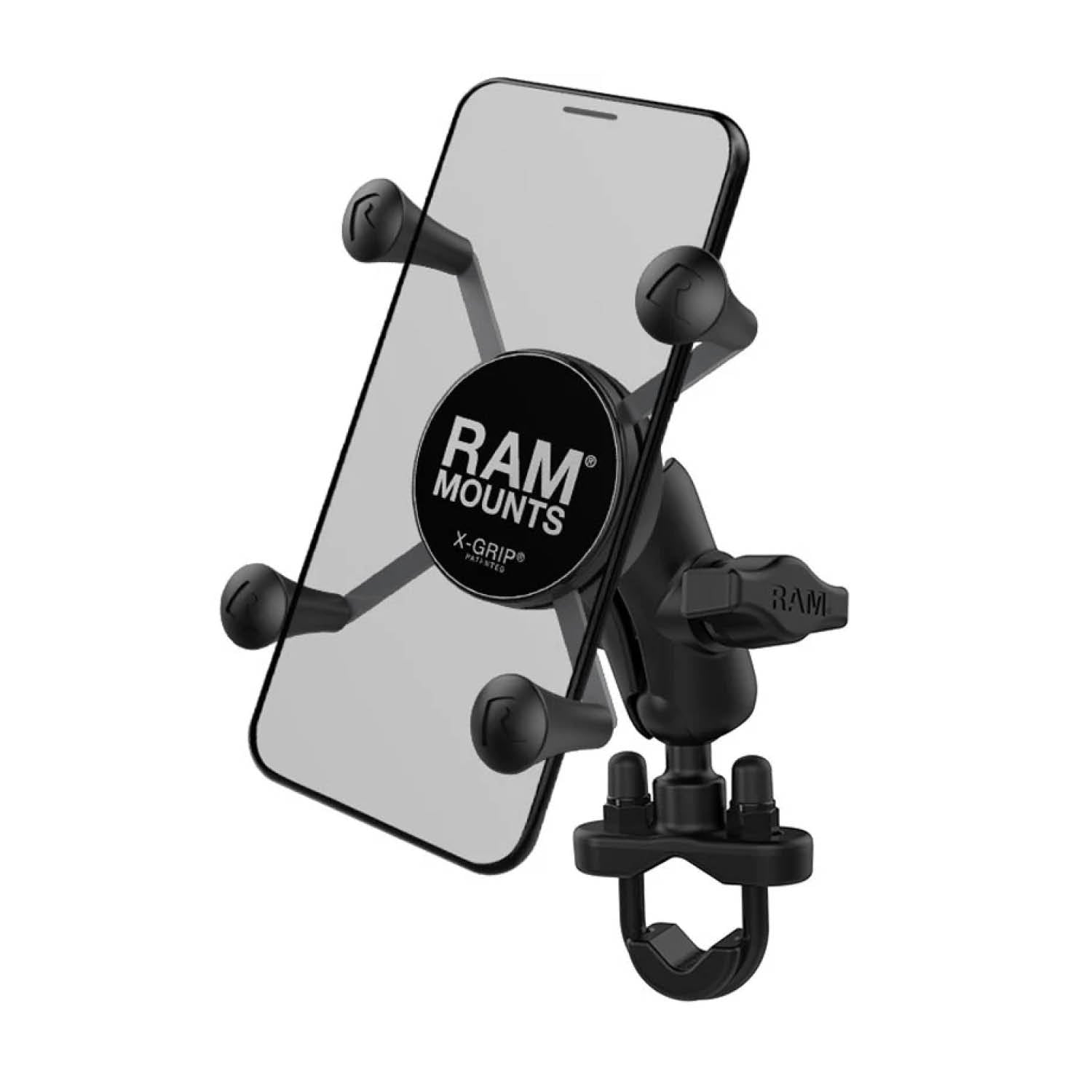 RAM Mounts X-Grip Lenker-Halterung für Smartphones - Bis 82,55 mm Breite - Kurzer Verbindungsarm - U-Bügel Basis (Durchmesser 12,7 mm bis 31,75 mm) - B-Kugel (1 Zoll) – Produktansicht