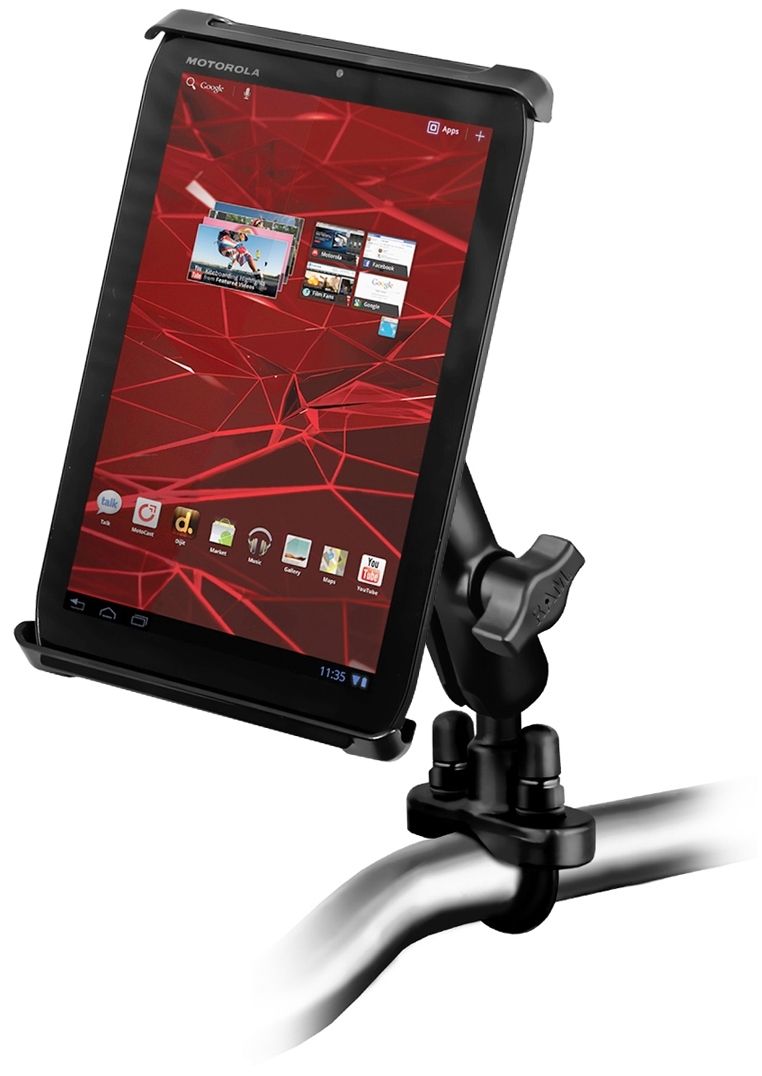 RAM Mounts Lenker- & Rundrohr-Set mit Tab-Tite Universalhalterung für bis zu 7 Zoll Tablets - B-Kugel (1 Zoll) - Runde Basisplatte - Mittlerer Verbindungsarm (ca. 94,74 mm) - U-Bügel Klemmbasis (Klemmbereich 12,7 - 31,8 mm) – Produktansicht