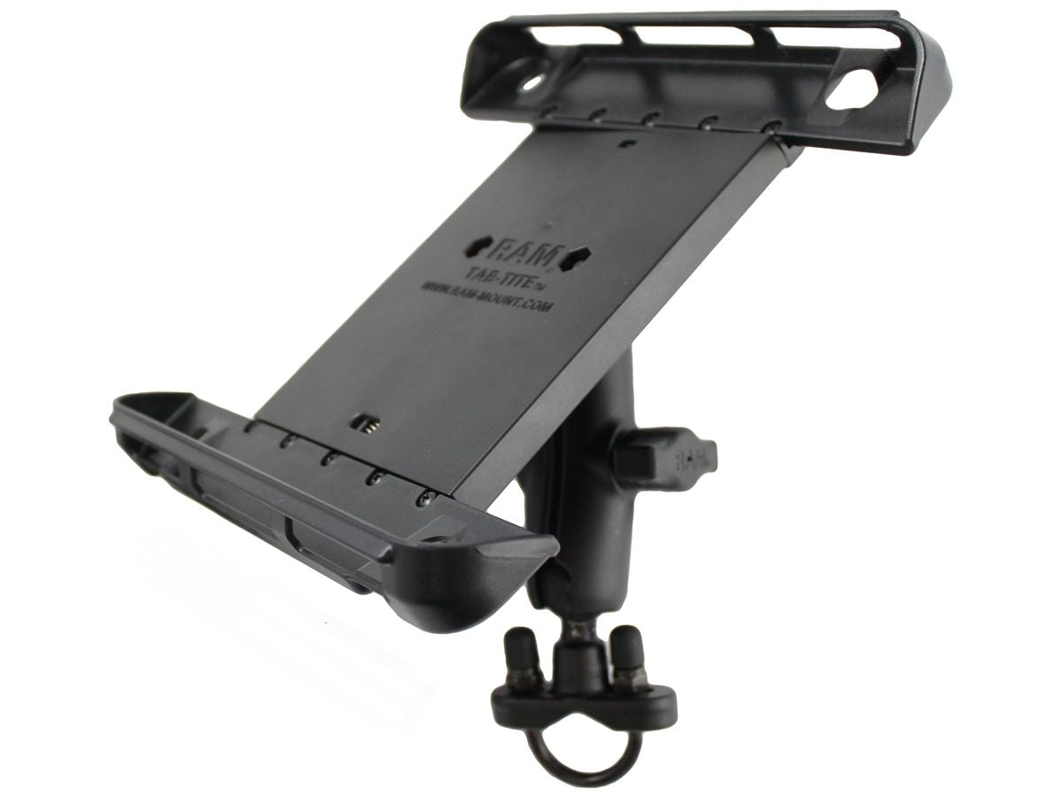 RAM Mounts Lenker- & Rundrohr-Set mit Tab-Tite Universalhalterung für bis zu 11 Zoll Tablets - B-Kugel (1 Zoll) - Runde Basisplatte - Mittlerer Verbindungsarm (ca. 94,74 mm) - U-Bügel Klemmbasis (Klemmbereich 12,7 - 31,8 mm) – Produktansicht