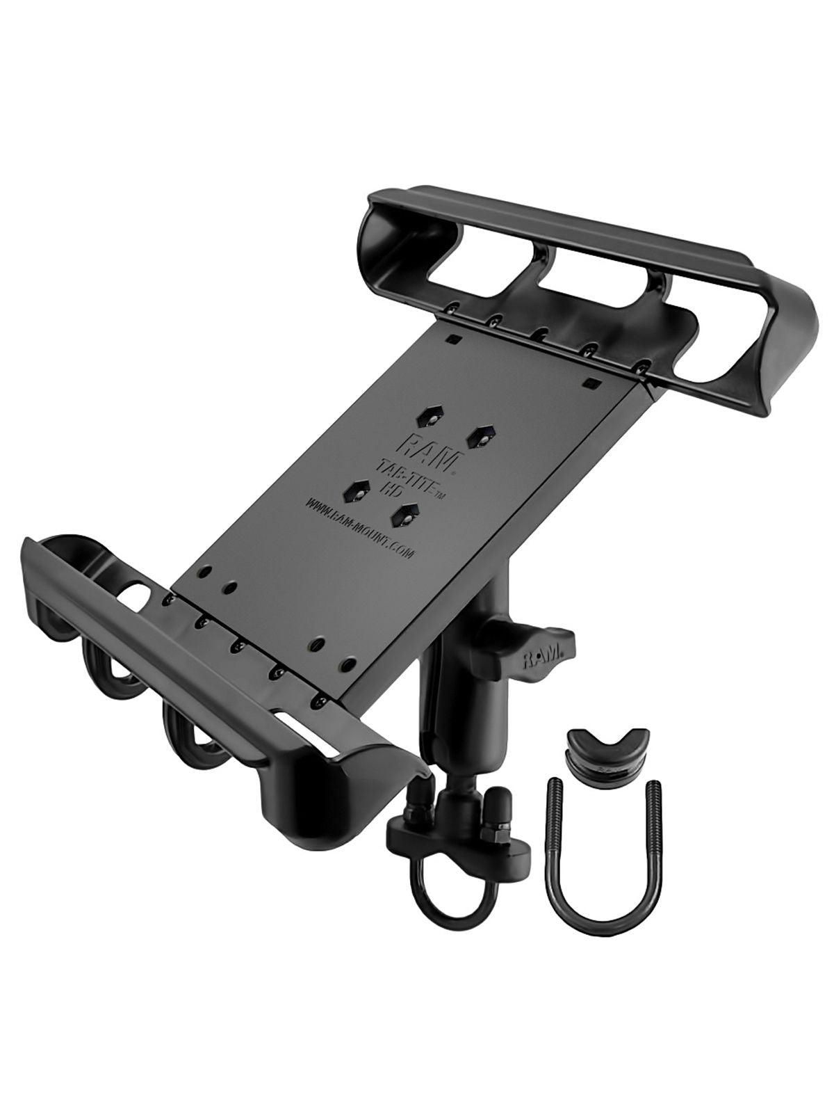 RAM Mounts Lenker- & Rundrohr-Set mit Tab-Tite Universalhalterung für bis zu 10 Zoll Tablets - B-Kugel (1 Zoll) - Runde Basisplatte - Mittlerer Verbindungsarm (ca. 94,74 mm) - U-Bügel Klemmbasis (Klemmbereich 12,7 - 31,8 mm) – Produktansicht