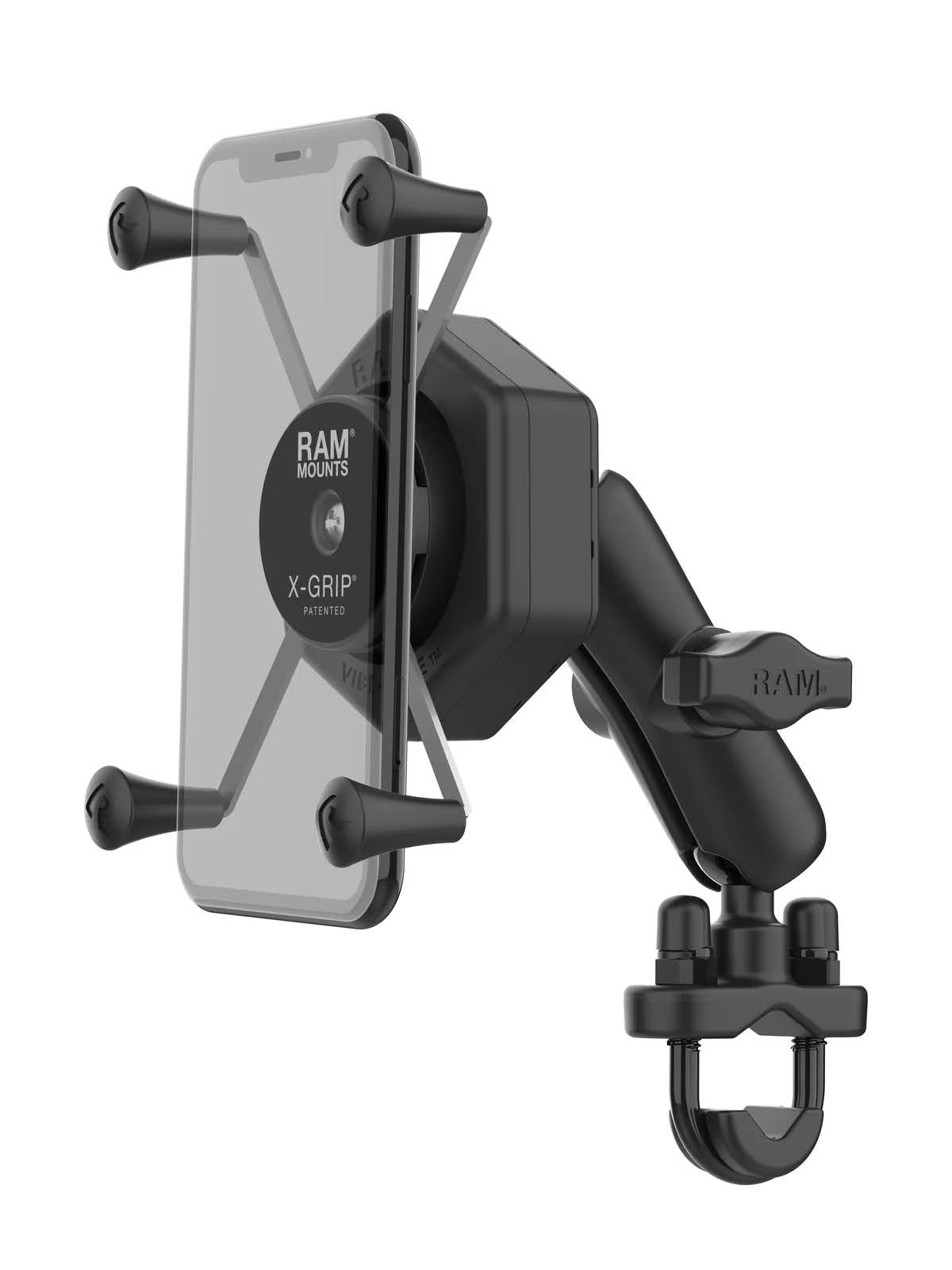 RAM Mounts X-Grip Lenker-/Rohr-Halterung für Smartphones bis 114,3 mm Breite mit Vibe-Safe Adapter - B-Kugel (1 Zoll), Rohr-Klemme, mittlerer Verbindungsarm – Produktansicht