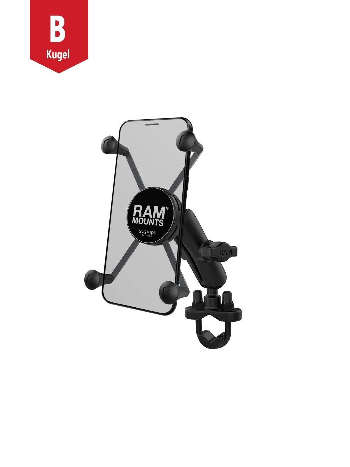 RAM Mounts X-Grip Lenker-Halterung für Smartphones - Bis 114,3 mm Breite - Mittlerer Verbindungsarm - U-Bügel Basis (Durchmesser 12,7 mm bis 31,75 mm) - B-Kugel (1 Zoll) – Produktansicht