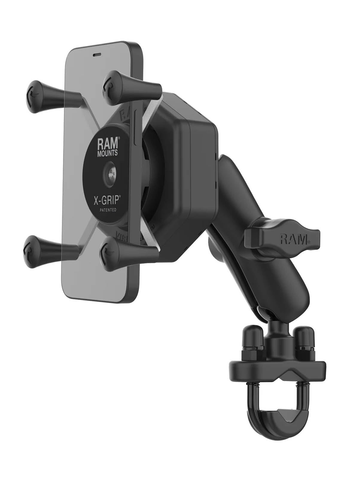 RAM Mounts X-Grip Lenker-/Rohr-Halterung für Smartphones bis 82,6 mm Breite mit Vibe-Safe Adapter - B-Kugel (1 Zoll), Rohr-Klemme, mittlerer Verbindungsarm – Produktansicht