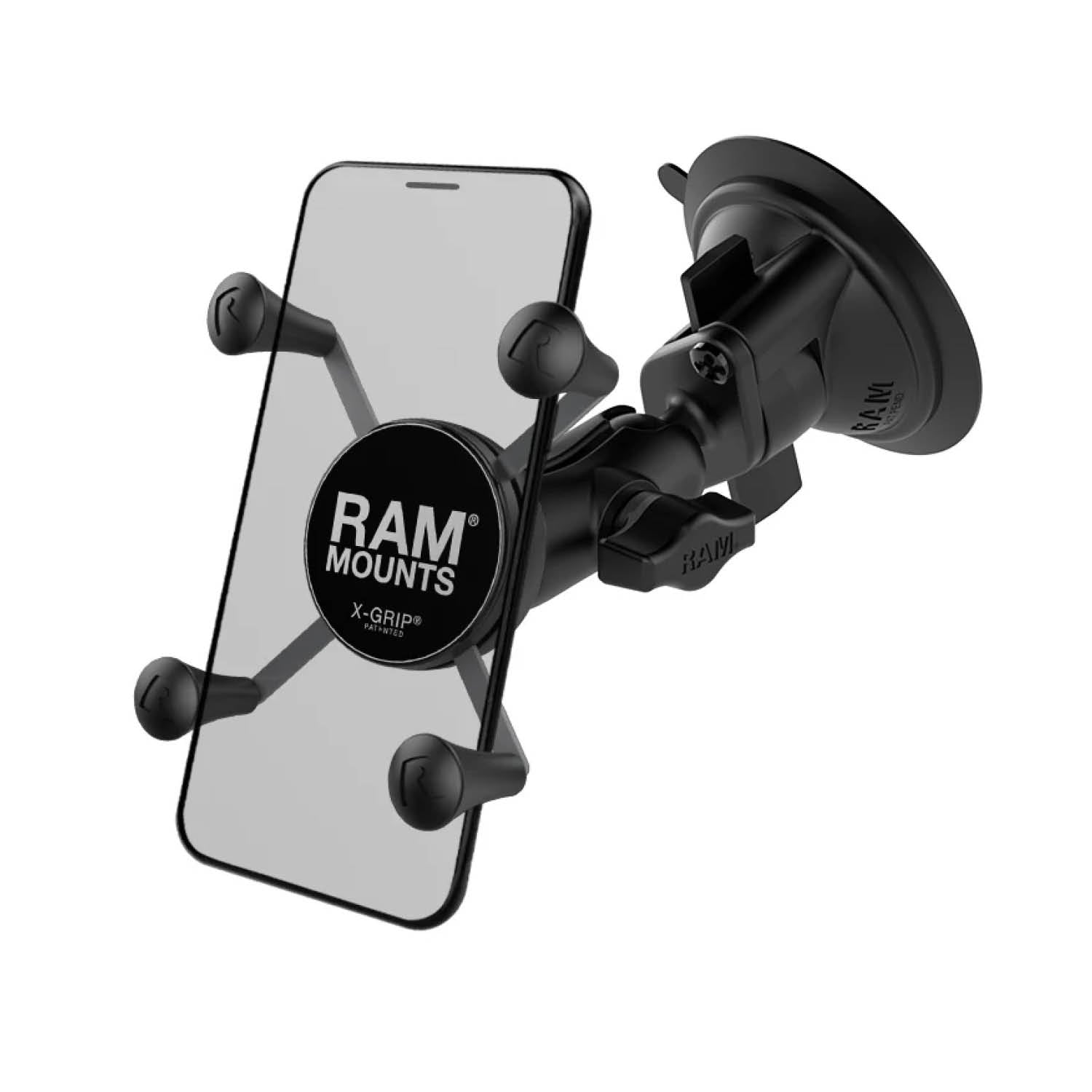 RAM Mounts X-Grip Saugfuß-Halterung für Smartphones - Bis 82,55 mm Breite - Kurzer Verbindungsarm - Saugfuß mit Trapez-Basiskugel - B-Kugel (1 Zoll) - Schrauben-Set – Produktansicht