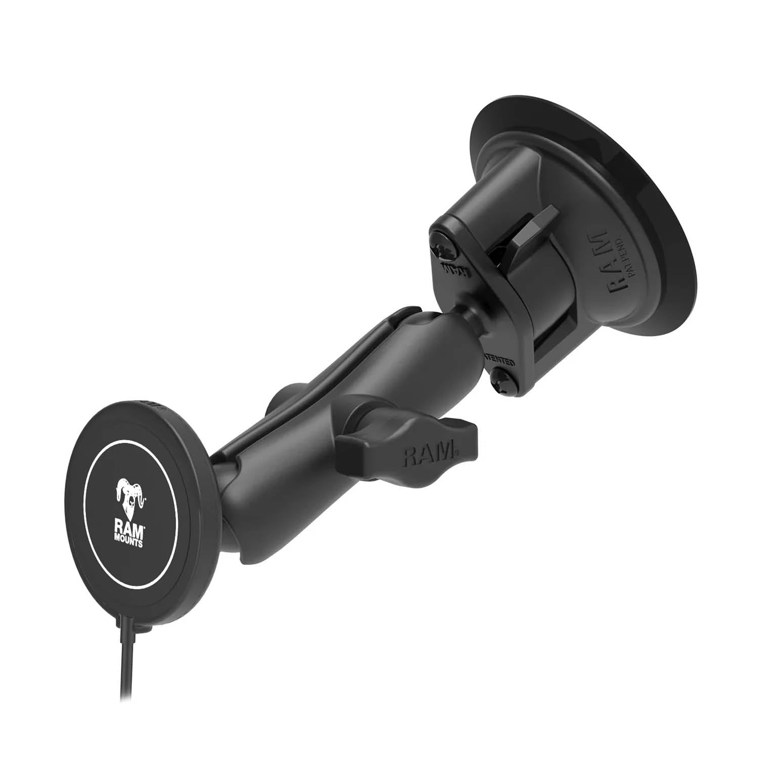 RAM Mounts Saugfuss-Halterung mit Qi2 Wireless Charger Power Delivery - B-Kugel (1 Zoll), MagSafe kompatibel, USB-C & USB-A Anschluss – Produktansicht