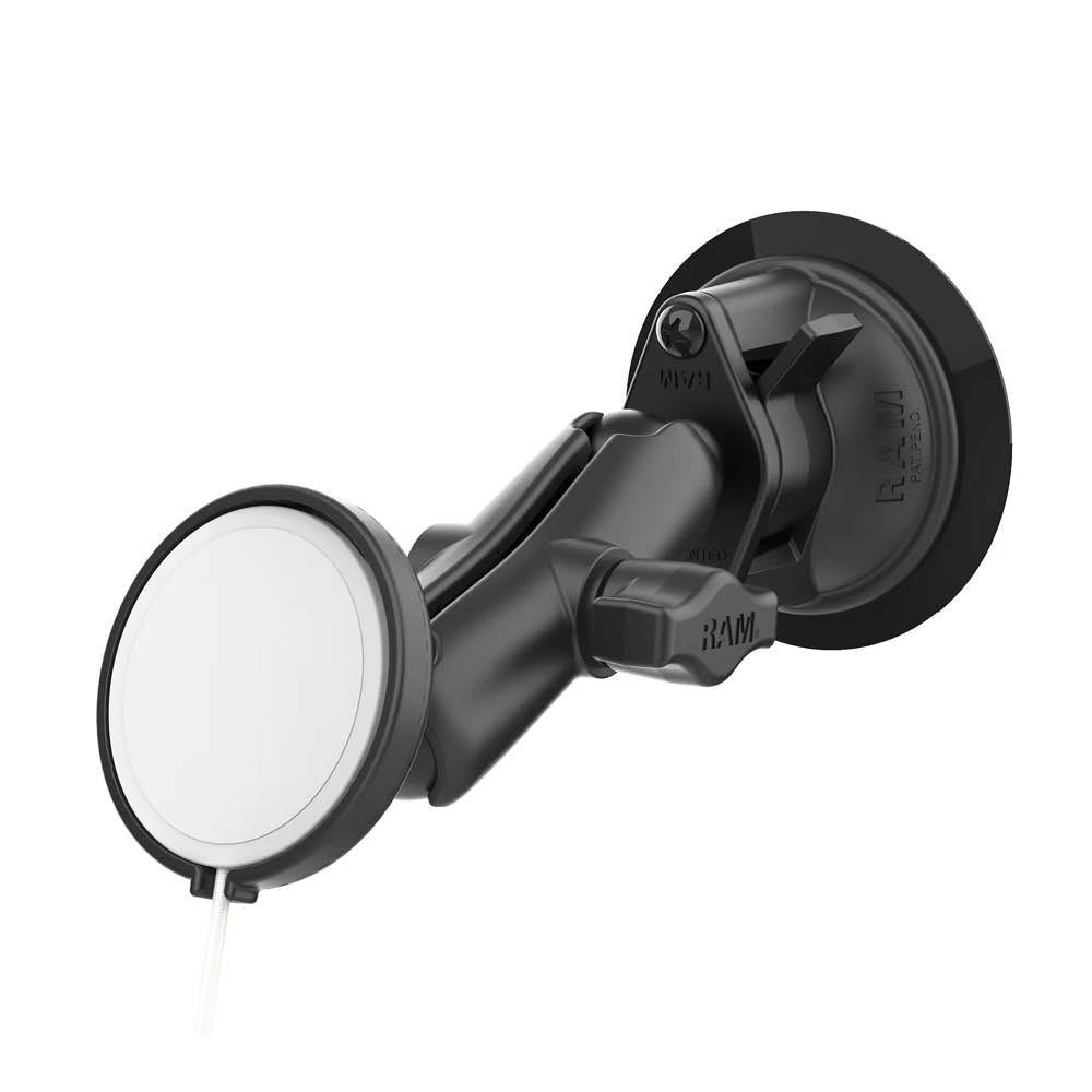 RAM Mounts Saugfuss-Halterung mit Apple 25W MagSafe Adapter - B-Kugel (1 Zoll), mittlerer Verbindungsarm – Produktansicht