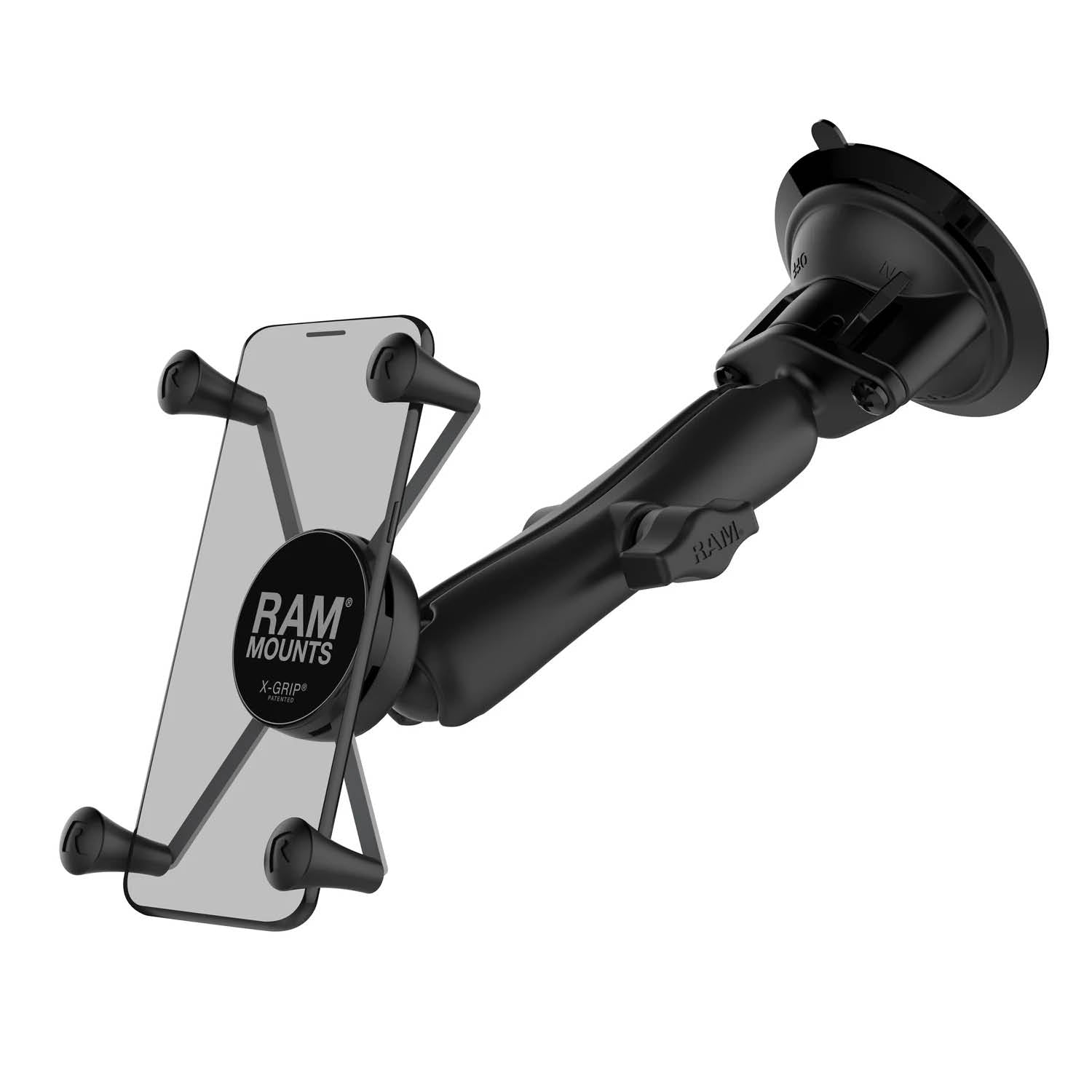 RAM Mounts X-Grip Saugfuß-Halterung für Smartphones - Bis 114,3 mm Breite - Langer Verbindungsarm - Saugfuß mit Trapez-Basiskugel - B-Kugel (1 Zoll) - Schrauben-Set – Produktansicht