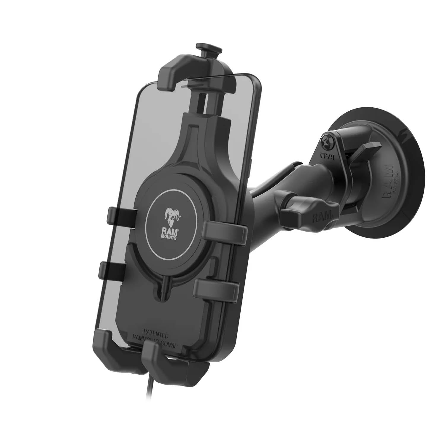 RAM Mounts Quick-Grip Pro Saugfußhalterung für Smartphones inkl. RAM Qi2 Wireless Charger - Bis 95,25 mm Breite - Mag-Safe Kompatible - Trapez-Basiskugel - Mittlerer Verbindungsarm - Saugfuß mit Trapez-Basiskugel - B-Kugel (1 Zoll) – Produktansicht