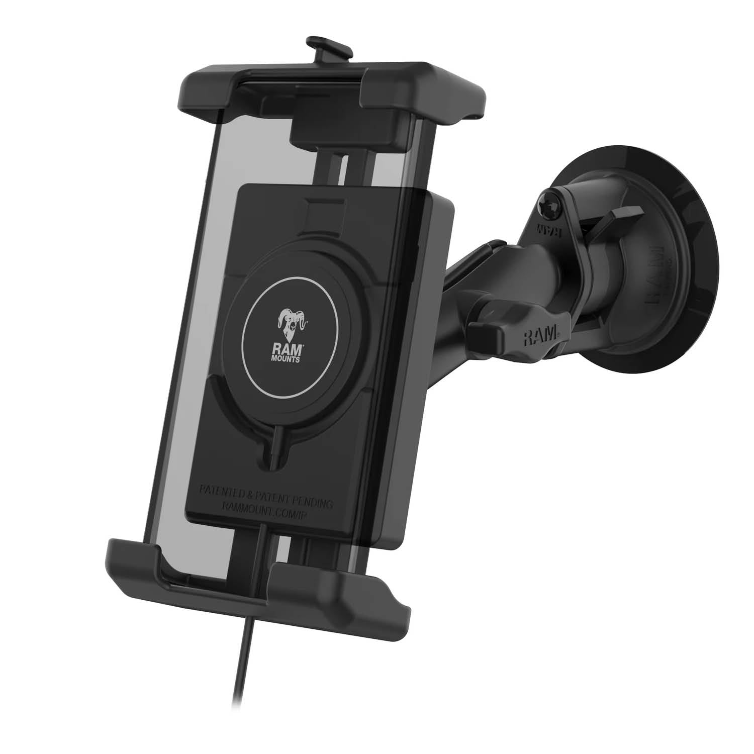 RAM Mounts Quick-Grip Pro XL Saugfußhalterung für Smartphones mit Qi2 Wireless Charger - Bis 88,9 mm Breite - Mag-Safe Kompatible - Trapez-Basiskugel - Mittlerer Verbindungsarm - Saugfuß mit Trapez-Basiskugel - B-Kugel (1 Zoll) – Produktansicht