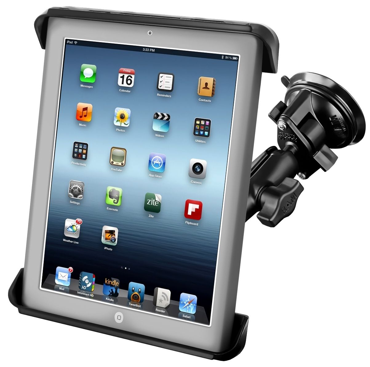 RAM Mounts Saugfuss-Halterung für 10 Zoll Tablets - mittlerer Verbindungsarm, Diamond-Basisplatte (Trapez), runde Basisplatte (AMPS), Tab-Tite Halteschale, B-Kugel (1 Zoll) – Produktansicht