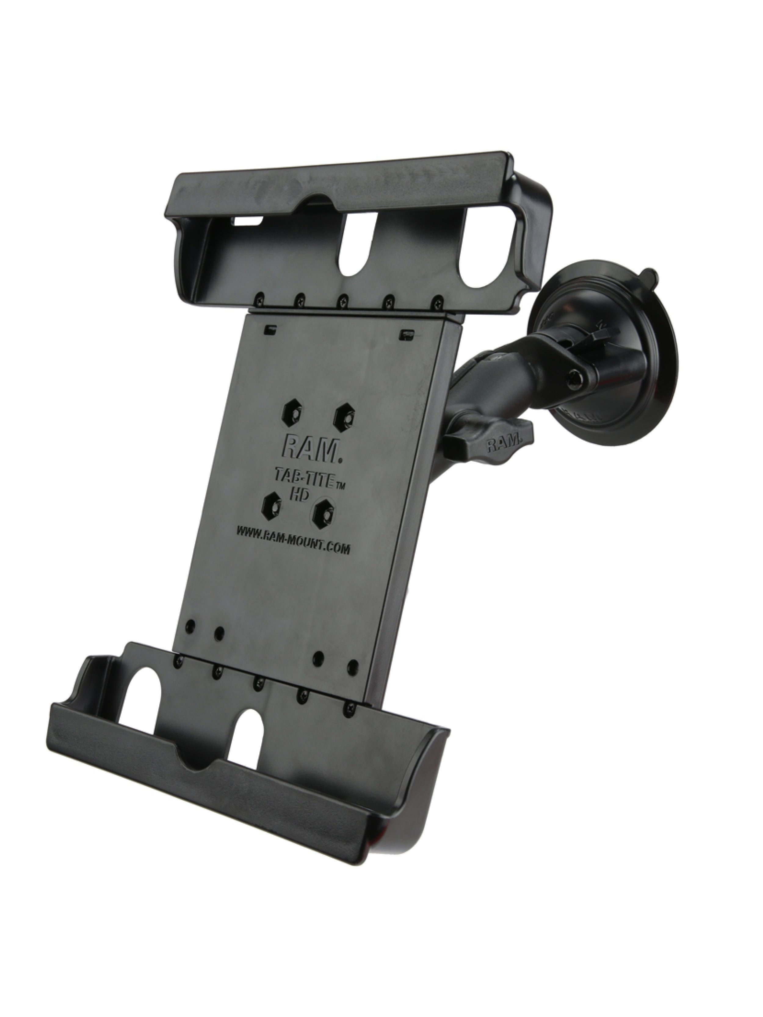 RAM Mounts Saugfuss-Halterung mit Tab-Tite Universal-Halteschale für 9-10.5 Zoll Tablets in Schutzgehäusen - B-Kugel (1 Zoll), mittlerer Verbindungsarm – Produktansicht