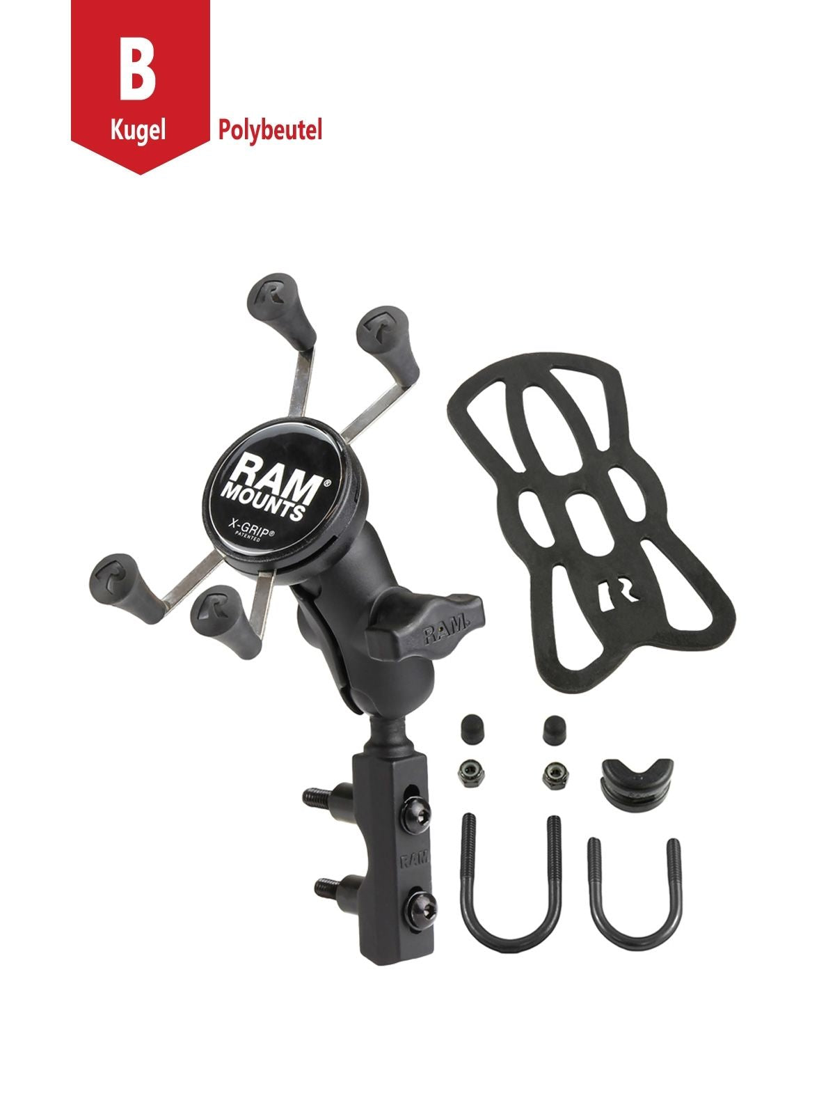 RAM Mounts X-Grip Motorrad-Halterung für Smartphones - Bis 82,55 mm Breite - Kurzer Verbindungsarm - Basisbefestigung (Lenker/Bremse/Kupplung/Rohre - 12,7 mm - 31,75 mm Durchmesser) - B-Kugel (1 Zoll) - Schrauben-Set – Produktansicht