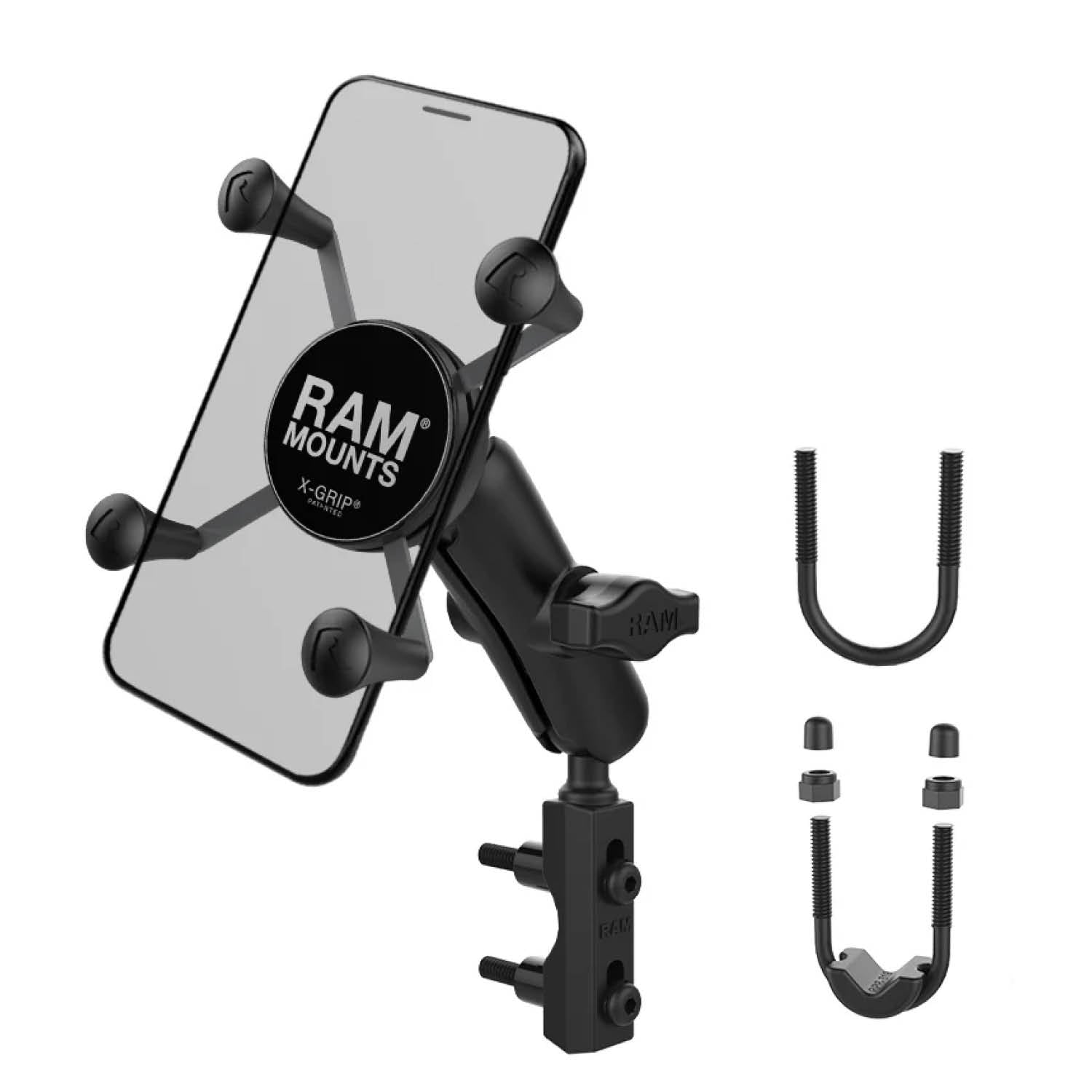 RAM Mounts X-Grip Motorrad-Halterung für Smartphones - Bis 82,55 mm Breite - Mittlerer Verbindungsarm - Basisbefestigung (Lenker/Bremse/Kupplung/Rohre - 12,7 mm - 31,75 mm Durchmesser) - B-Kugel (1 Zoll) - Schrauben-Set – Produktansicht