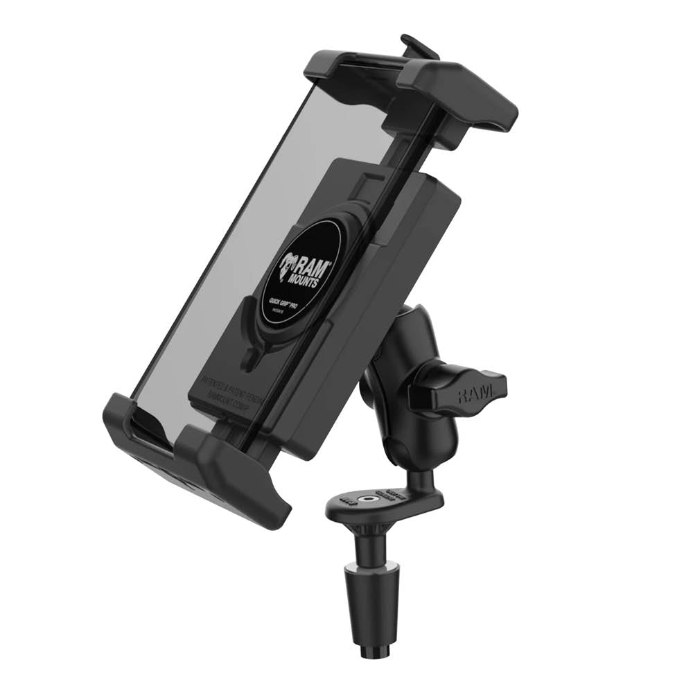 RAM Mounts Quick-Grip Pro XL Motorrad-Set für Lenkkopfhalterung - B-Kugel (1 Zoll) - 1x Diamond (Trapez) Basisplatte (AMPS) - Kurzer Verbindungsarm (ca. 61,46 mm) - 1x Gabelschaft-Basis (Durchmesser 12 - 38 mm) – Produktansicht