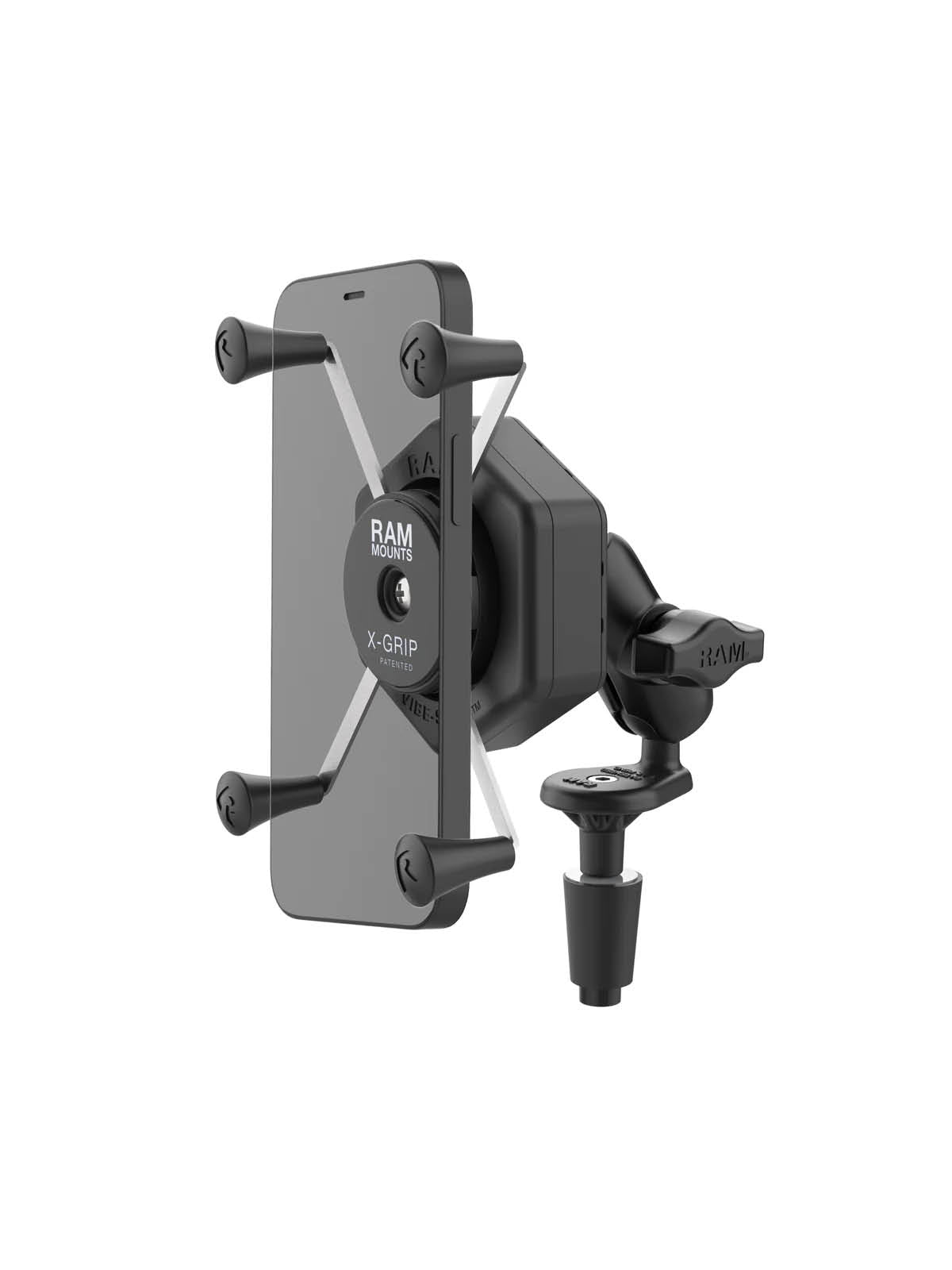 RAM Mounts X-Grip Motorrad-Halterung für Smartphones bis 114,3 mm Breite mit Vibe-Safe Adapter - B-Kugel (1 Zoll), Lenkerkopf-Basis, kurzer Verbindungsarm – Produktansicht