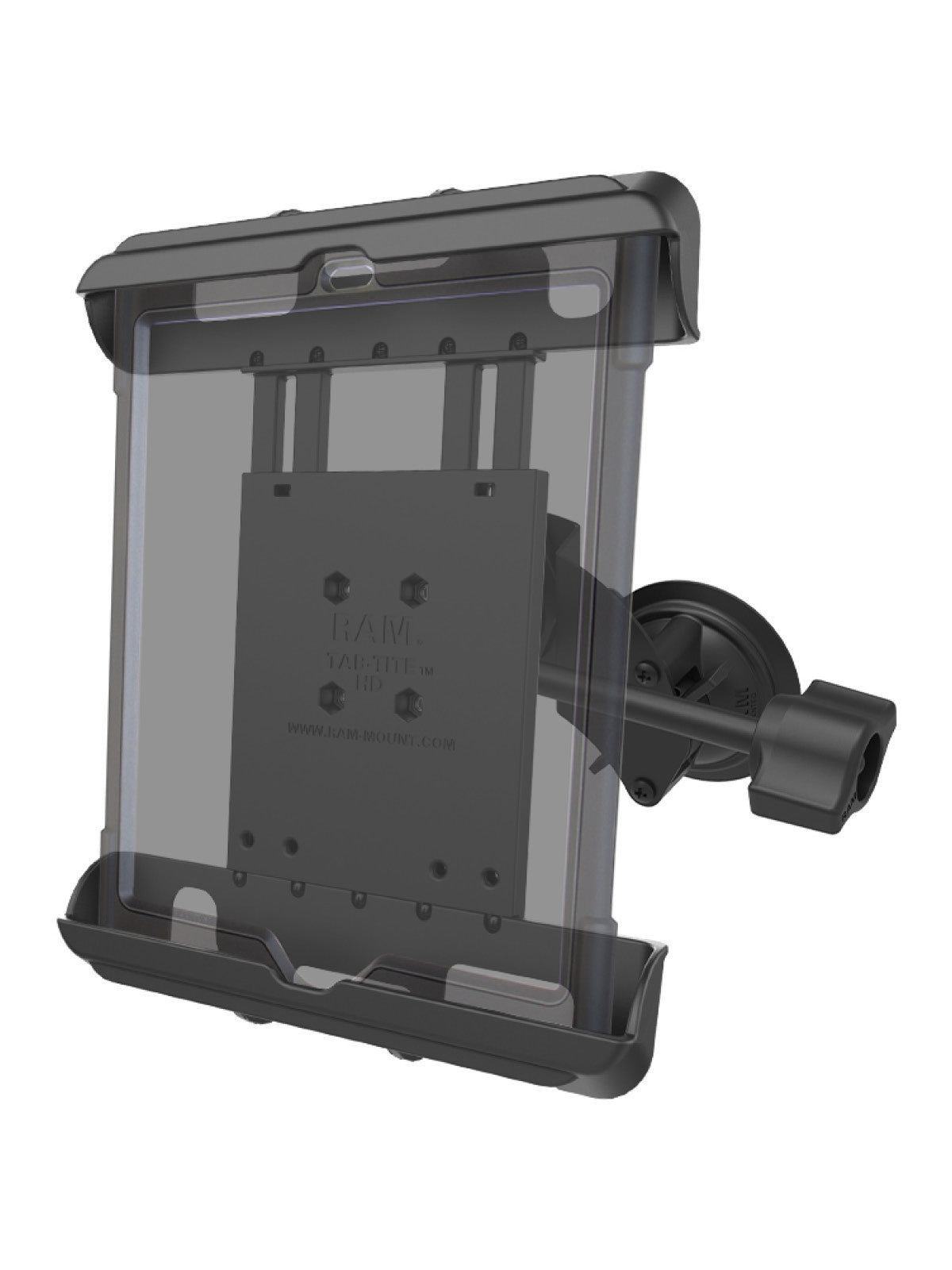 RAM Mounts Doppel-Saugfuss-Halterung für Apple iPad Gen 1-4 inkl. Schutzhüllen/-gehäusen - B-Kugel (1 Zoll), Tab-Tite Halteschale, mittlerer Verbindungsarm – Produktansicht