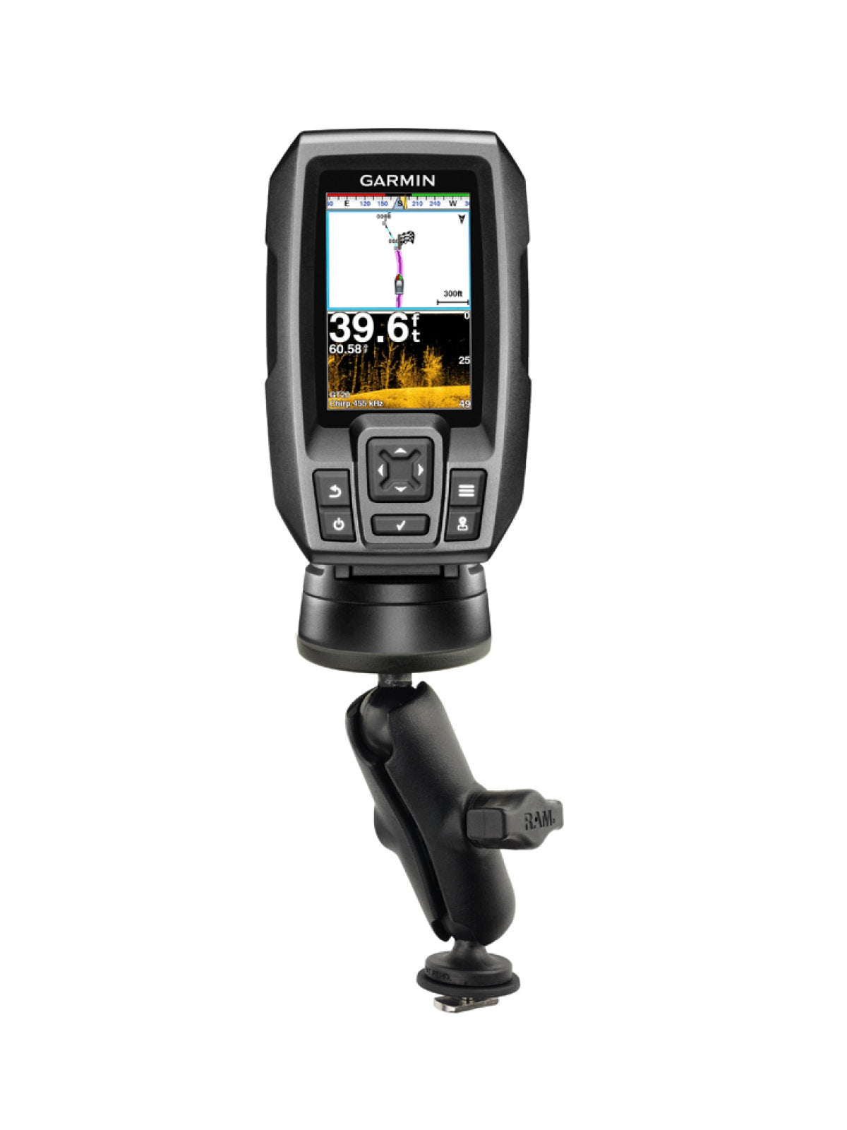 RAM Mounts Marine Track Ball-Set für Garmin Striker/Echo/Echomaps - B-Kugel (1 Zoll) - Track Ball mit S-Slot - Mittlerer Verbindungsarm (ca. 94,74 mm) - Runde Basisplatte (AMPS) mit Garmin Schrauben-Set – Produktansicht