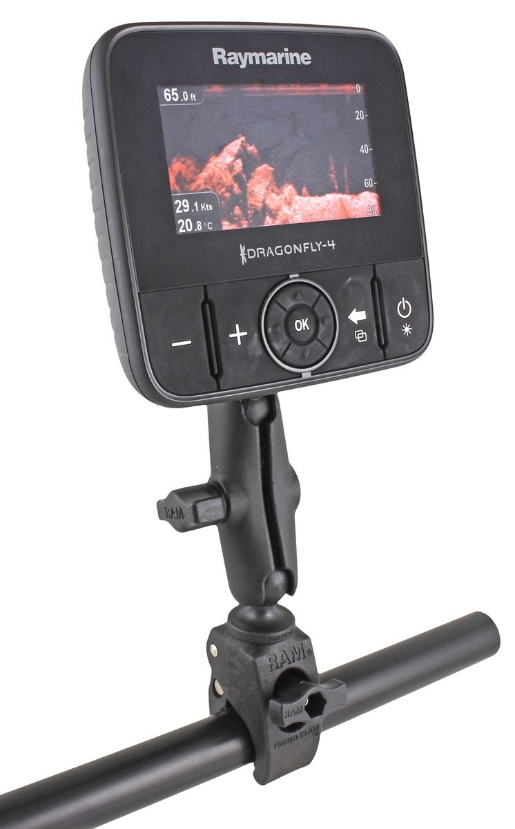 RAM Mounts Tough-Claw Set - B-Kugel (1 Zoll) - Kleiner Tough-Claw (Durchmesser 15,9 - 29,0 mm) - Mittlerer Verbindungsarm (ca. 94,74 mm) - Tough-Ball Adapter für Raymarine Dragonfly Serie mit M6-1 x 6mm Gewindestift – Produktansicht