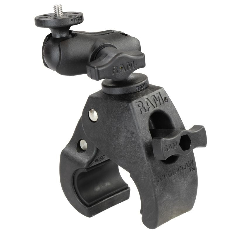 RAM Mounts Tough-Claw Kamerahalterung mit 1/4"-20 Gewindestift - B-Kugel (1 Zoll), Tough-Claw mittel (Durchmesser 25,4-40,6 mm), kurzer Verbindungsarm (ca. 60mm) – Produktansicht