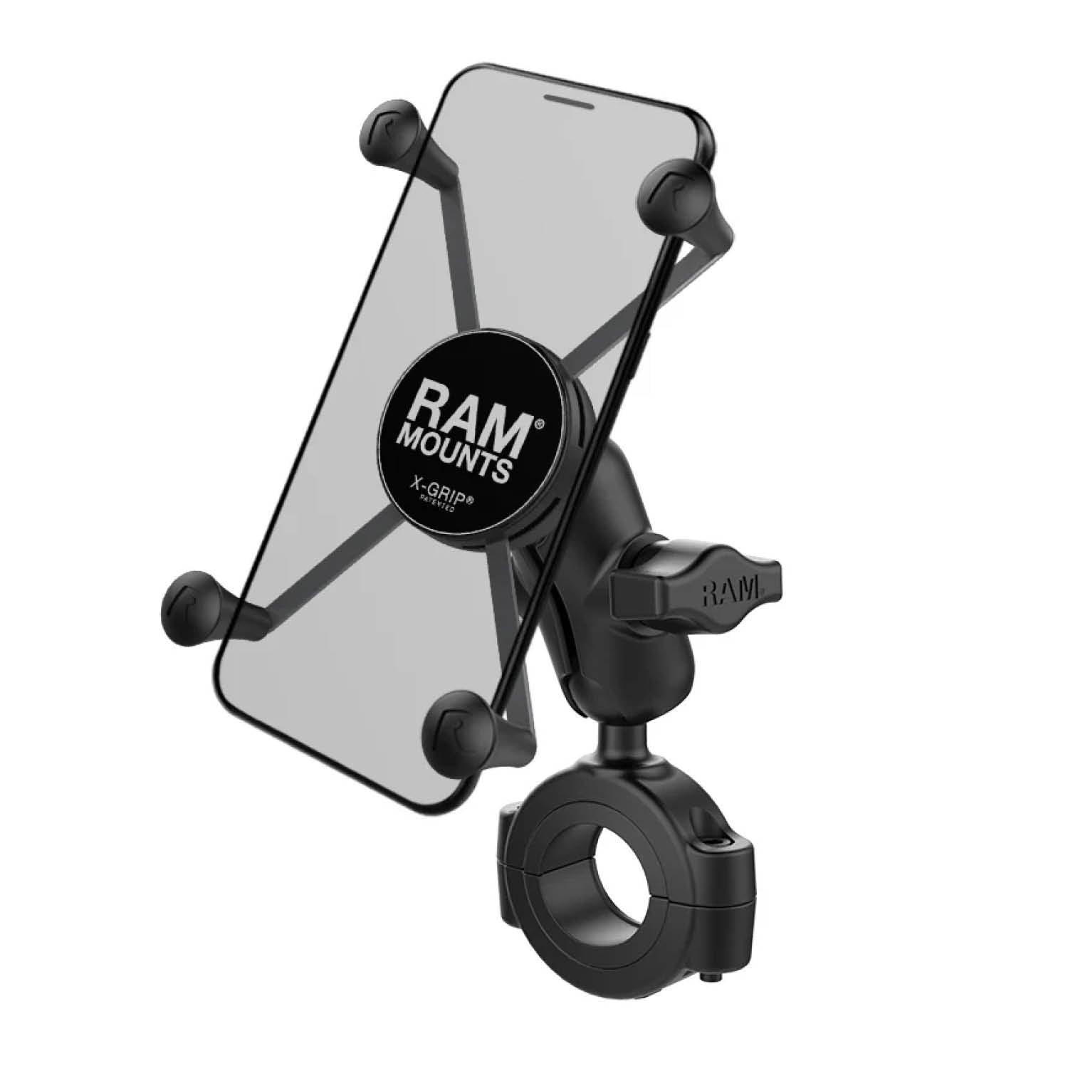 RAM Mounts X-Grip Motorrad-Halterung für Smartphones - Bis 114,3 mm Breite - Kurzer Verbindungsarm - Große Torque Rohrschelle (Durchmesser 28,57 mm bis 38,1 mm) - B-Kugel (1 Zoll) – Produktansicht