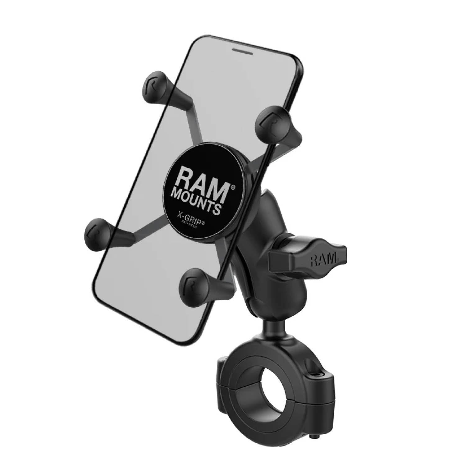 RAM Mounts X-Grip Motorrad-Halterung für Smartphones - Bis 82,55 mm Breite - Kurzer Verbindungsarm - Große Torque Rohrschelle (Durchmesser 28,57 mm bis 38,1 mm) - B-Kugel (1 Zoll) – Produktansicht