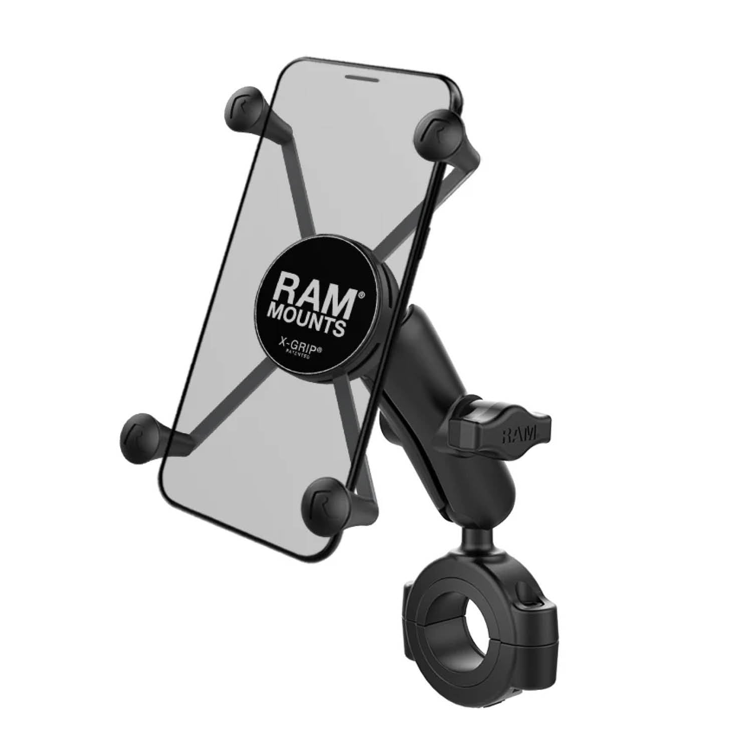 RAM Mounts X-Grip Motorrad-Halterung für Smartphones - Bis 114,3 mm Breite - Mittlerer Verbindungsarm - Große Torque Rohrschelle (Durchmesser 28,57 mm bis 38,1 mm) - B-Kugel (1 Zoll) – Produktansicht