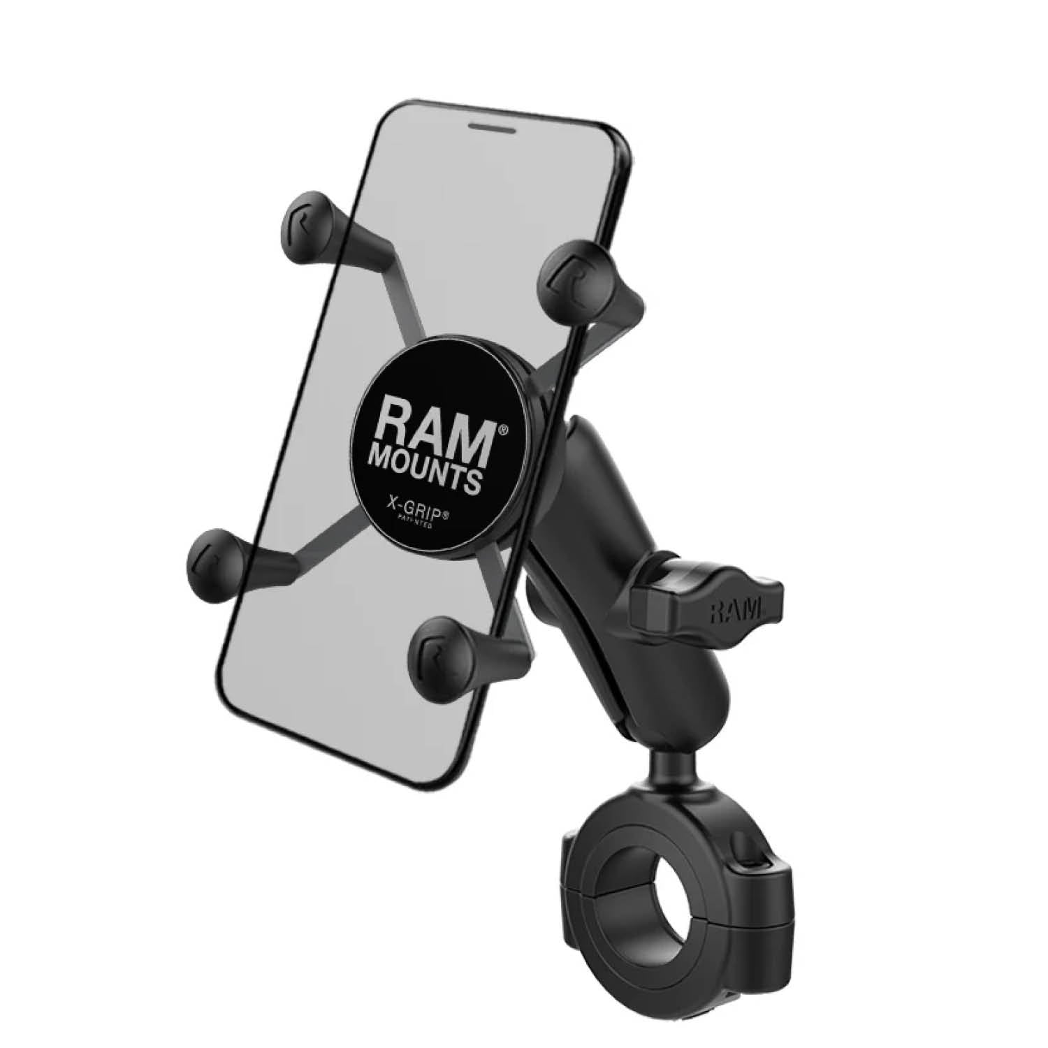 RAM Mounts X-Grip Motorrad-Halterung für Smartphones - Bis 82,55 mm Breite - Mittlerer Verbindungsarm - Große Torque Rohrschelle (Durchmesser 28,57 mm bis 38,1 mm) - B-Kugel (1 Zoll) – Produktansicht