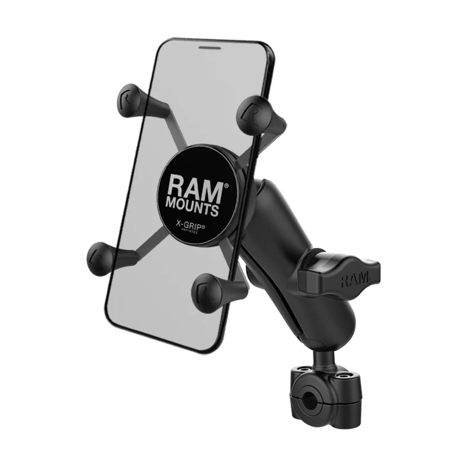 RAM Mounts X-Grip Motorrad-Halterung für Smartphones - Bis 82,55 mm Breite - Mittlerer Verbindungsarm - Kleine Torque Rohrschelle (Durchmesser 9,52 mm bis 15,87 mm) - B-Kugel (1 Zoll) – Produktansicht