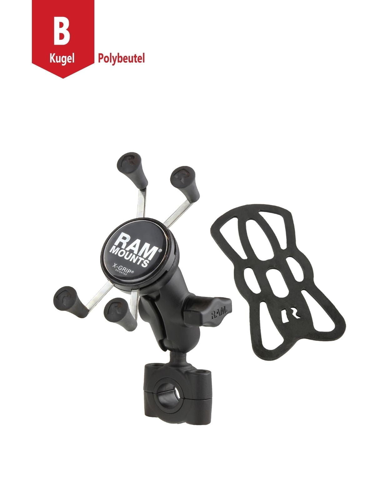 RAM Mounts X-Grip Motorrad-Halterung für Smartphones - Bis 82,55 mm Breite - Kurzer Verbindungsarm - Mittlere Torque Rohrschelle (Durchmesser 19,05 mm bis 25,4 mm) - B-Kugel (1 Zoll) – Produktansicht