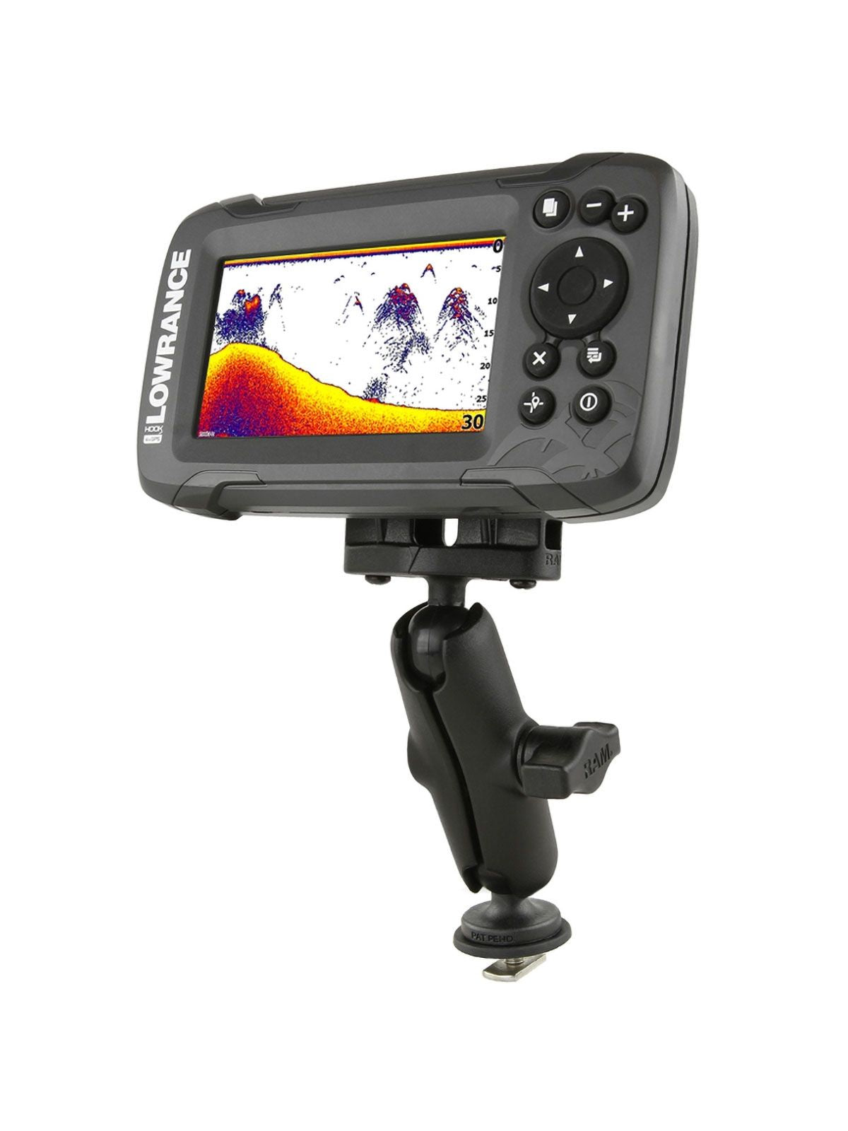 RAM Mounts Marine Set für Lowrance Hook² - mitterler Verbindungsarm, Kugel-Adapter für Lowrance Hook², B-Kugel (1 Zoll), Basis mit T-Slot – Produktansicht